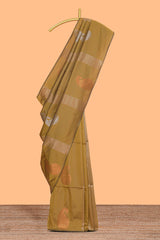 Borderless mustard striped motifs design semi soft silk saree with contrast pallu and zari motifs blouse