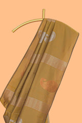 Borderless mustard striped motifs design semi soft silk saree with contrast pallu and zari motifs blouse