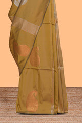 Borderless mustard striped motifs design semi soft silk saree with contrast pallu and zari motifs blouse