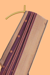 Wine purple striped motifs design semi soft silk saree with contrast border and zari motifs blouse