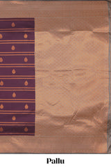 Wine purple striped motifs design semi soft silk saree with contrast border and zari motifs blouse
