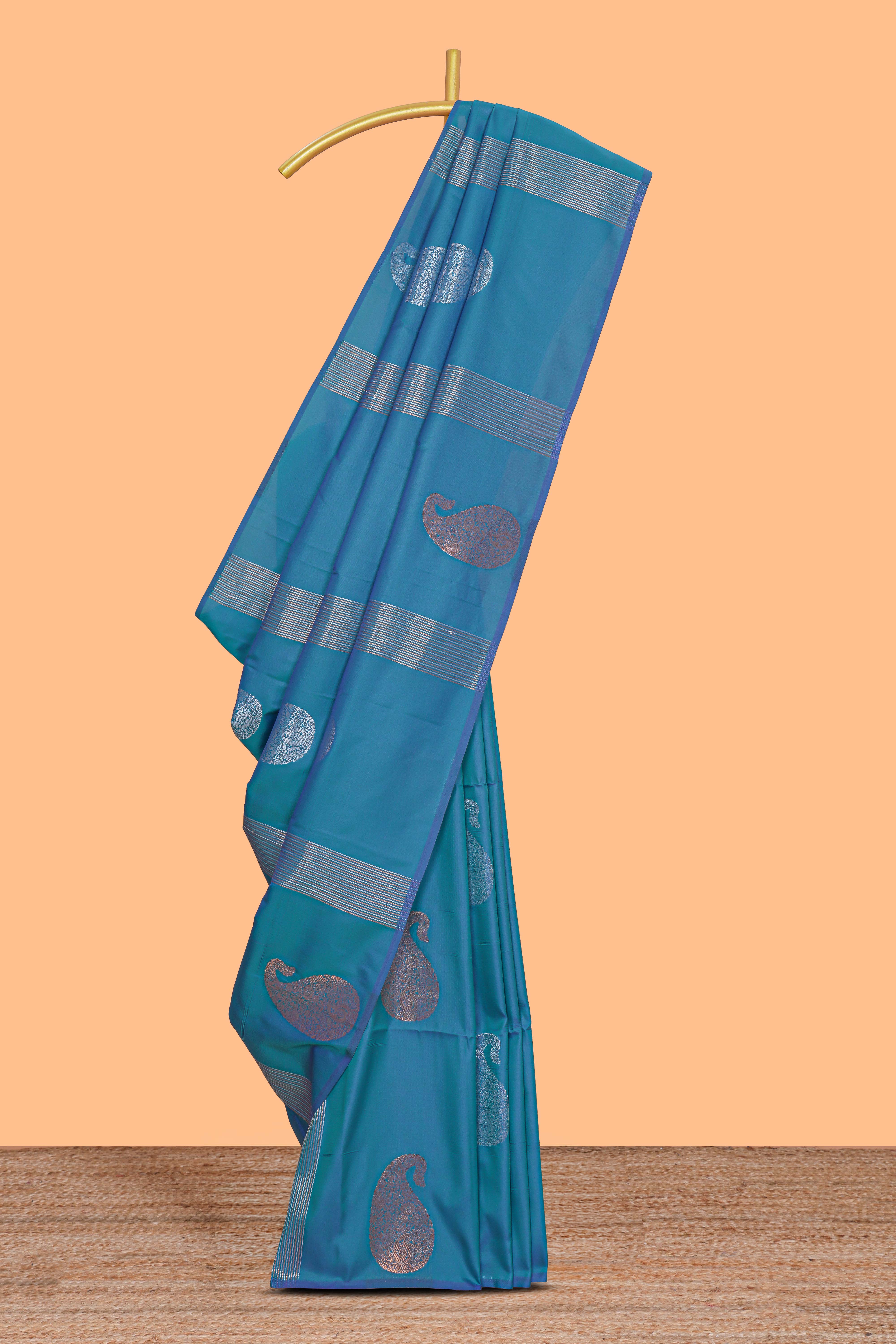 Borderless blue striped motifs design semi soft silk saree with contrast pallu and zari motifs blouse