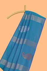 Borderless blue striped motifs design semi soft silk saree with contrast pallu and zari motifs blouse