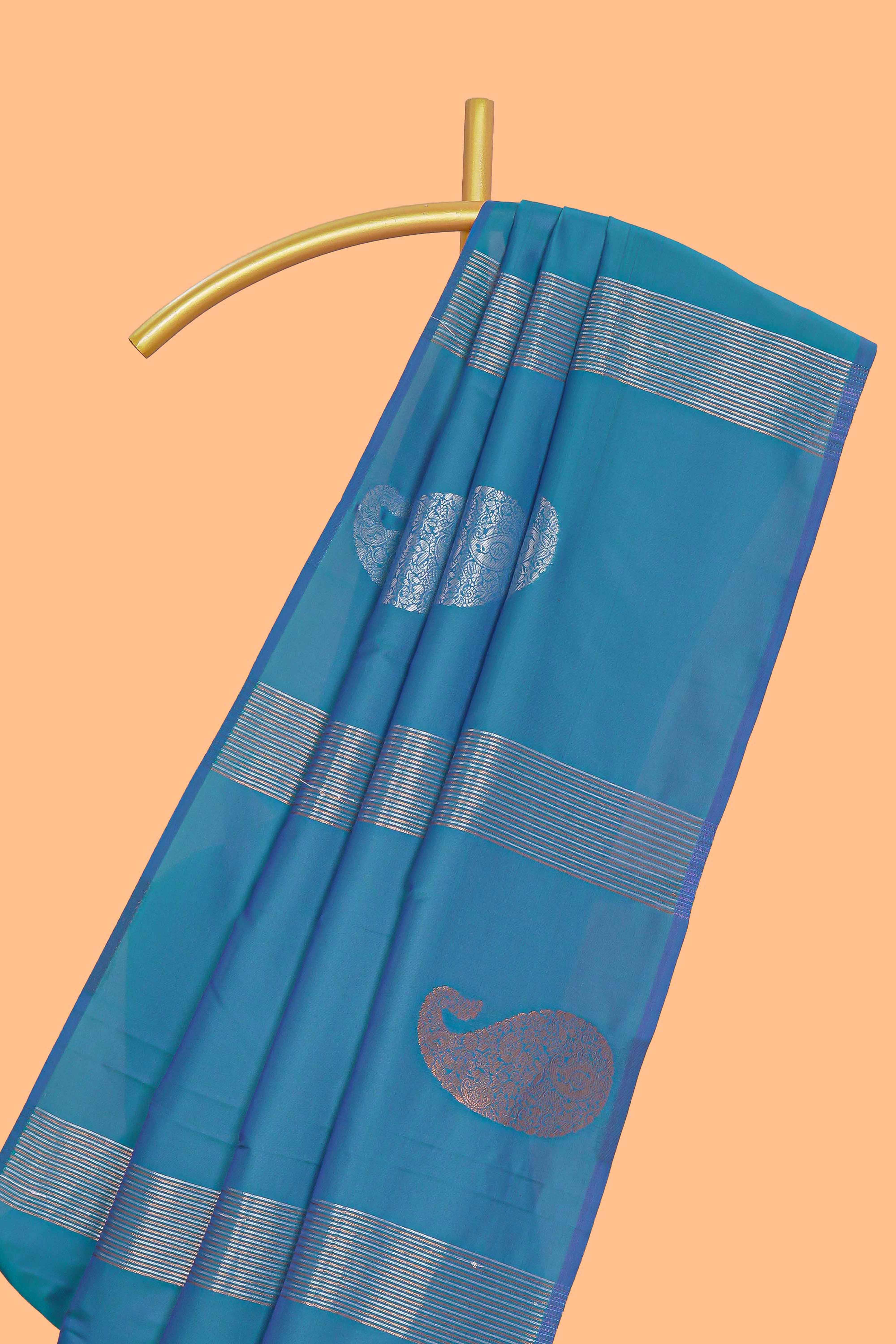 Borderless blue striped motifs design semi soft silk saree with contrast pallu and zari motifs blouse