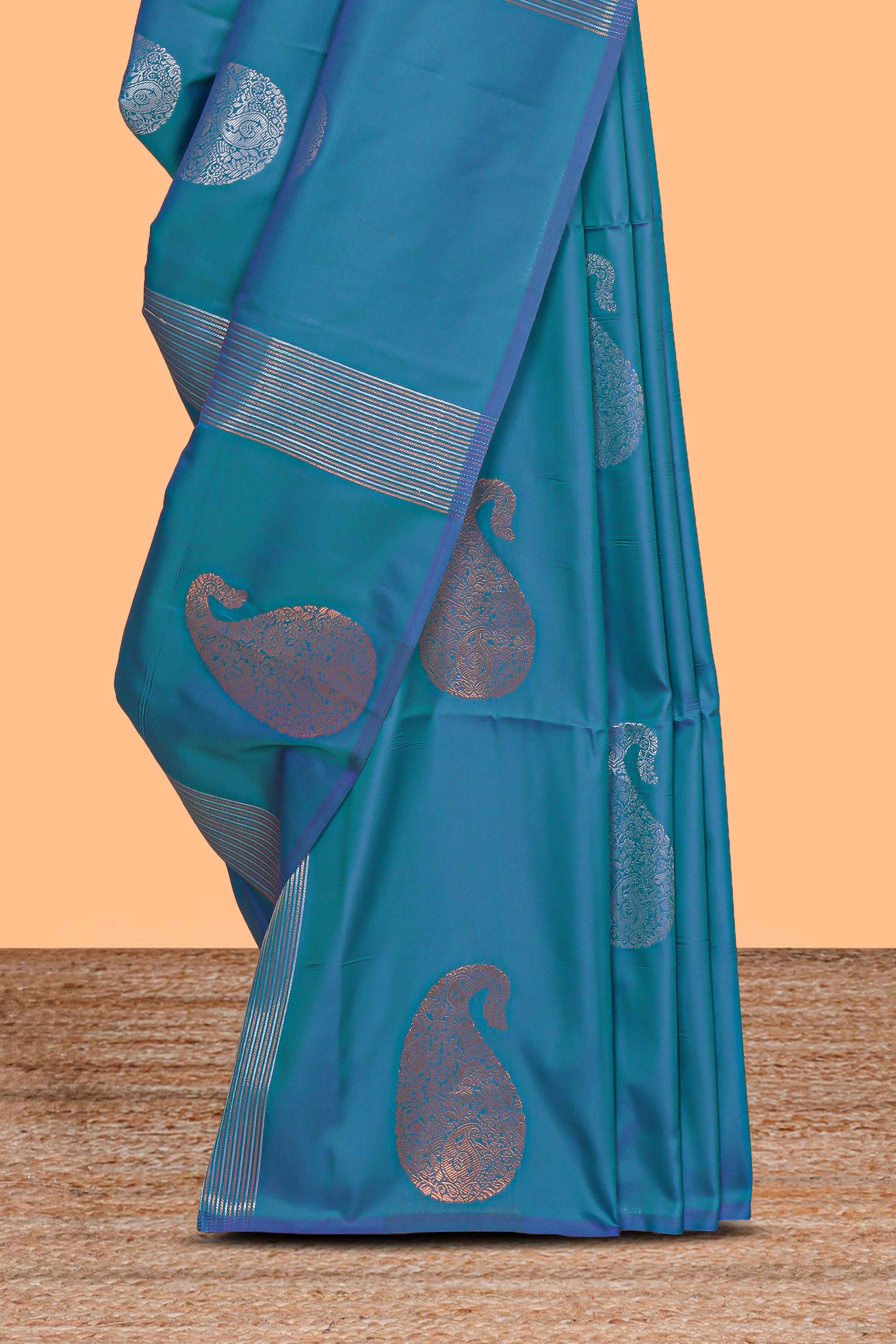 Borderless blue striped motifs design semi soft silk saree with contrast pallu and zari motifs blouse