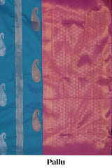 Borderless blue striped motifs design semi soft silk saree with contrast pallu and zari motifs blouse