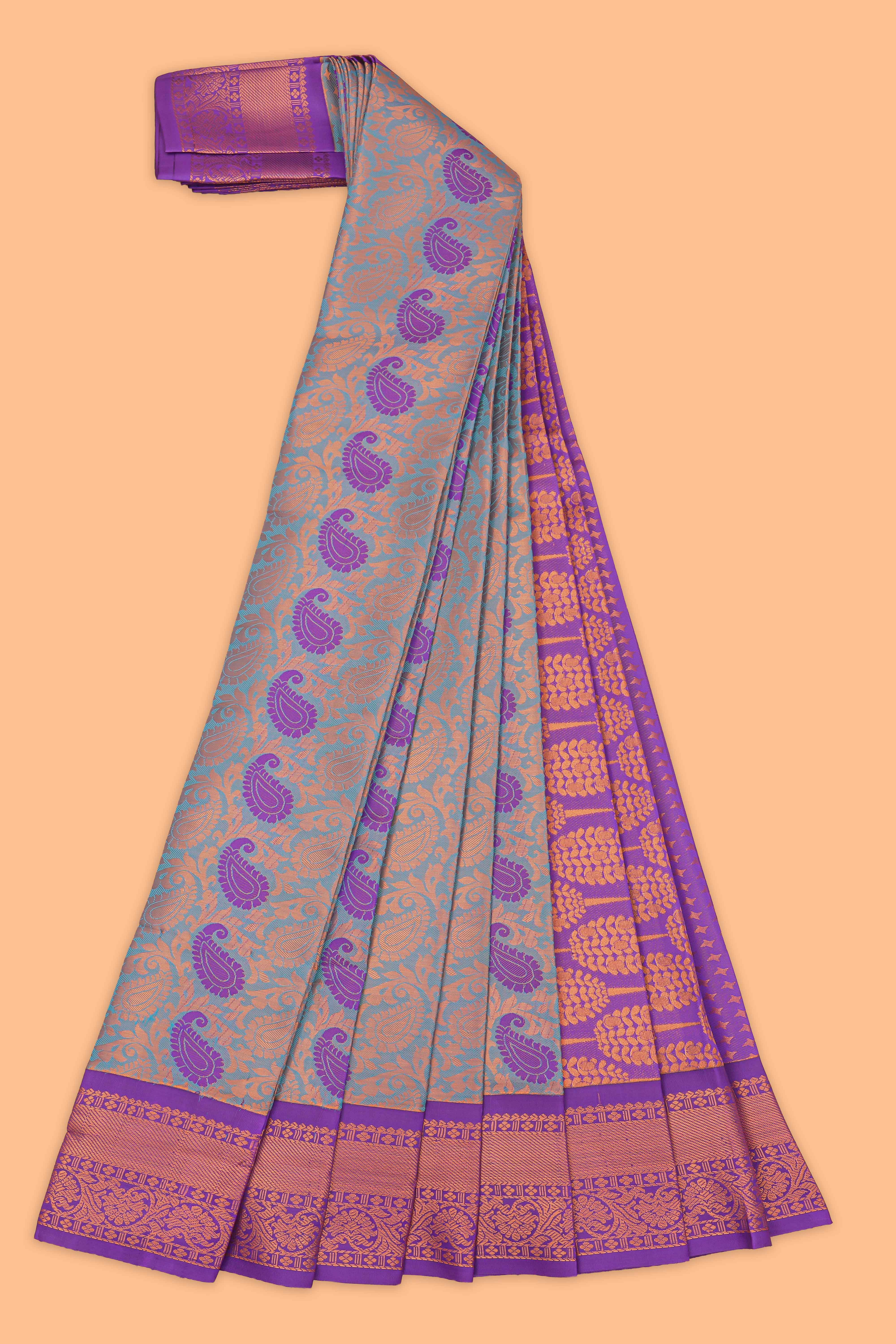 Blue floral motifs design semi soft silk saree with contrast border and blouse