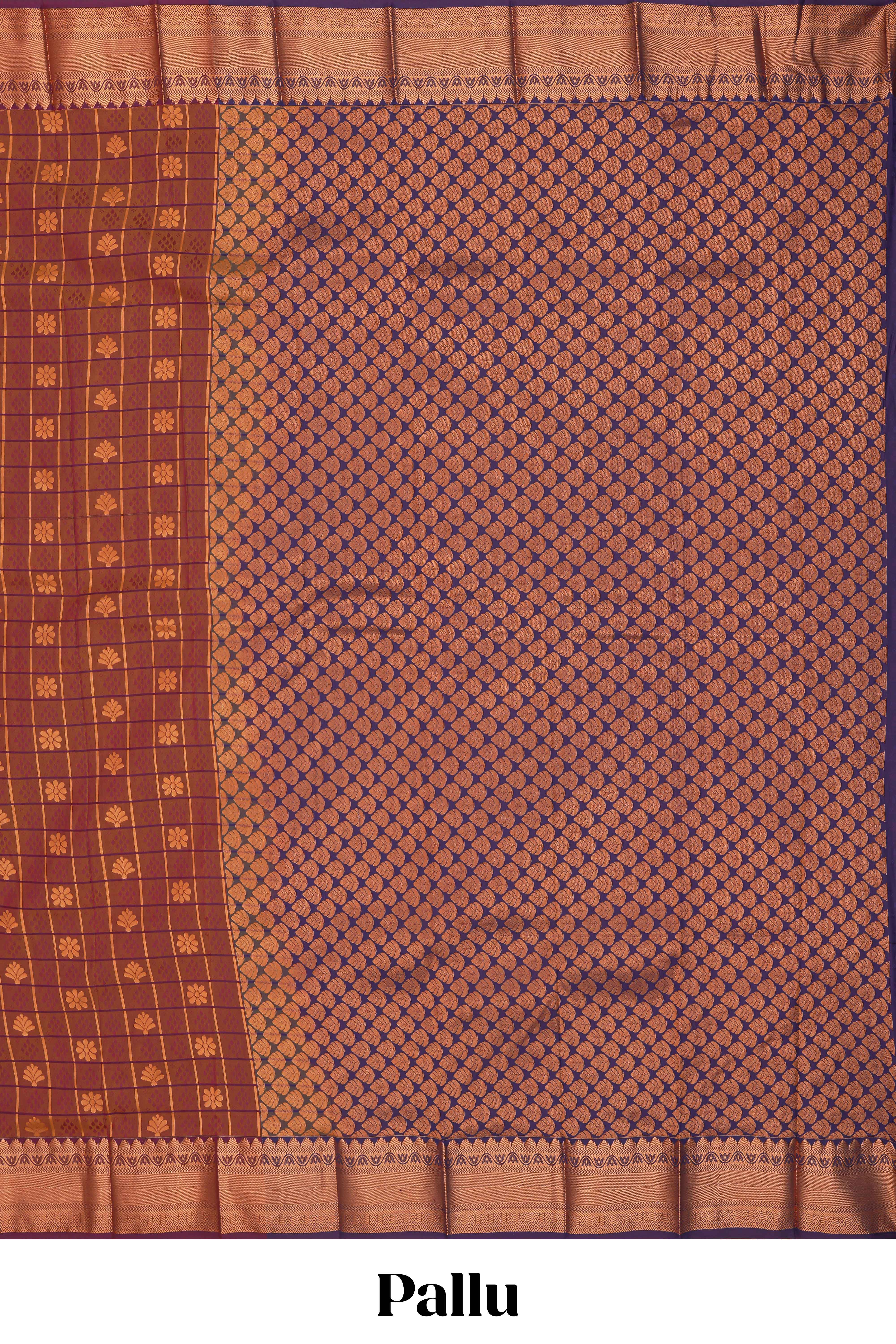 Brown checked floral design motifs semi soft silk saree with contrast border and blouse