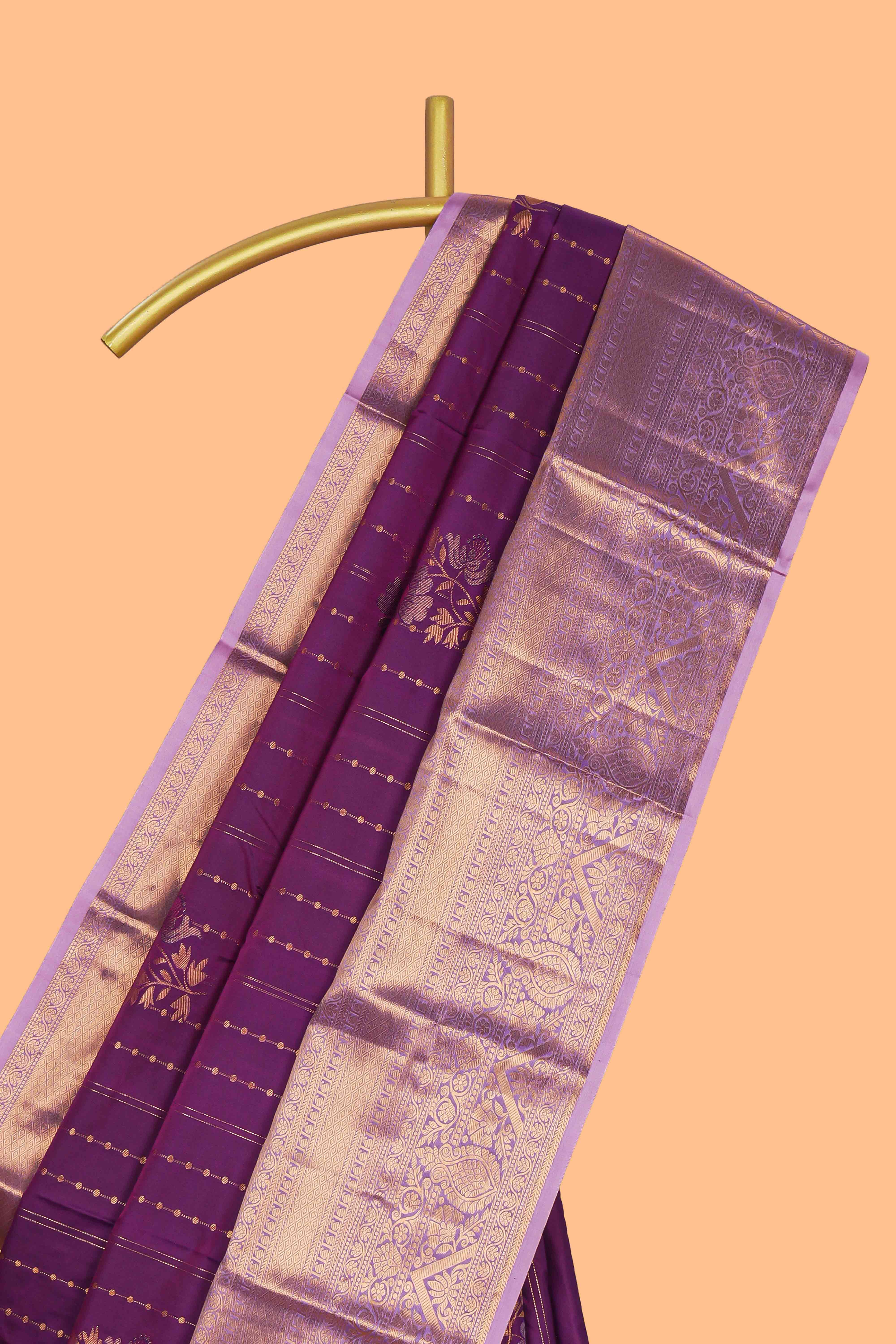 Violet floral zari motifs design semi soft silk saree with contrast zari border and blouse