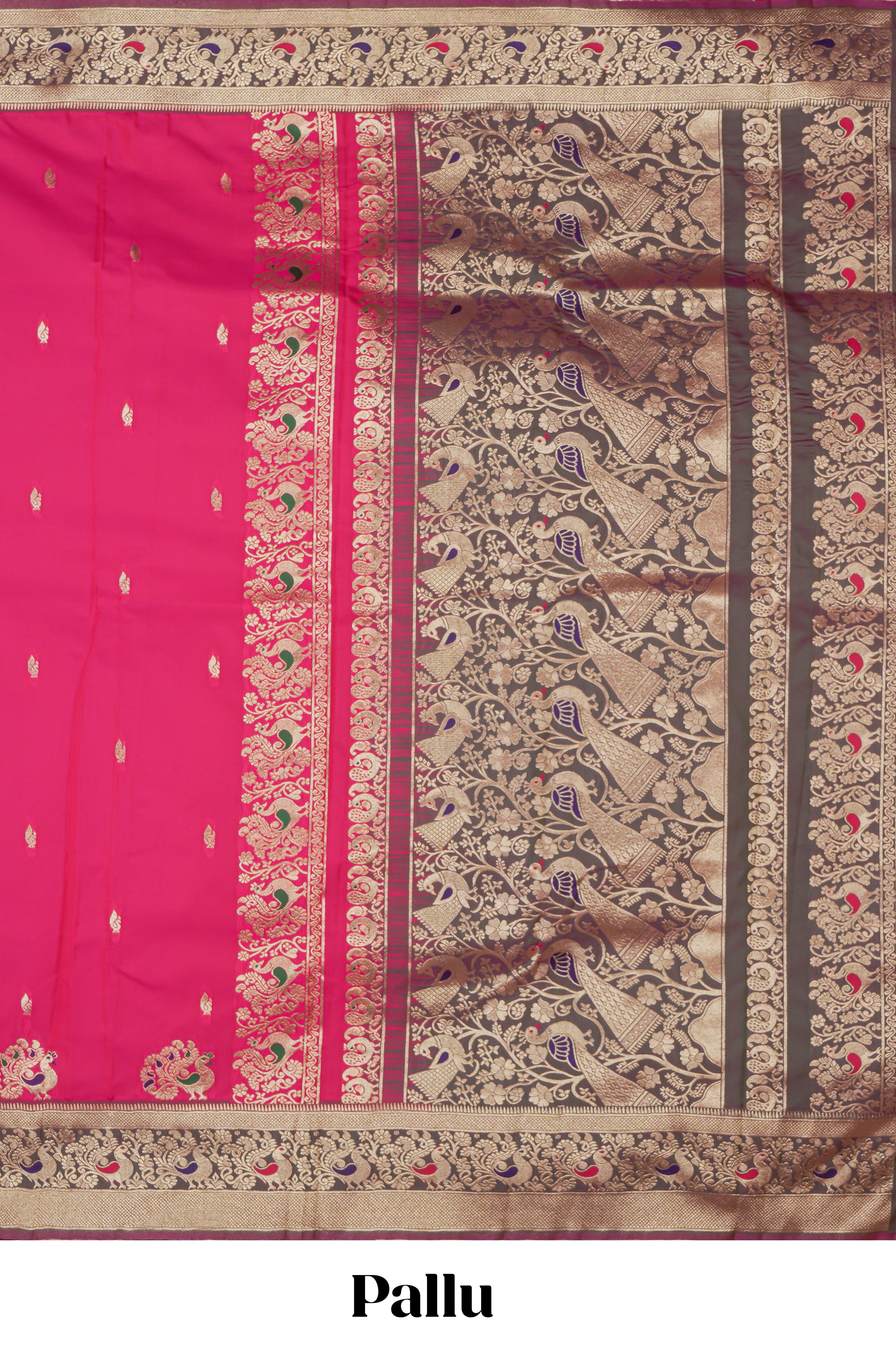 Rani pink peacock design zari motifs semi soft silk saree with contrast zari border and blouse