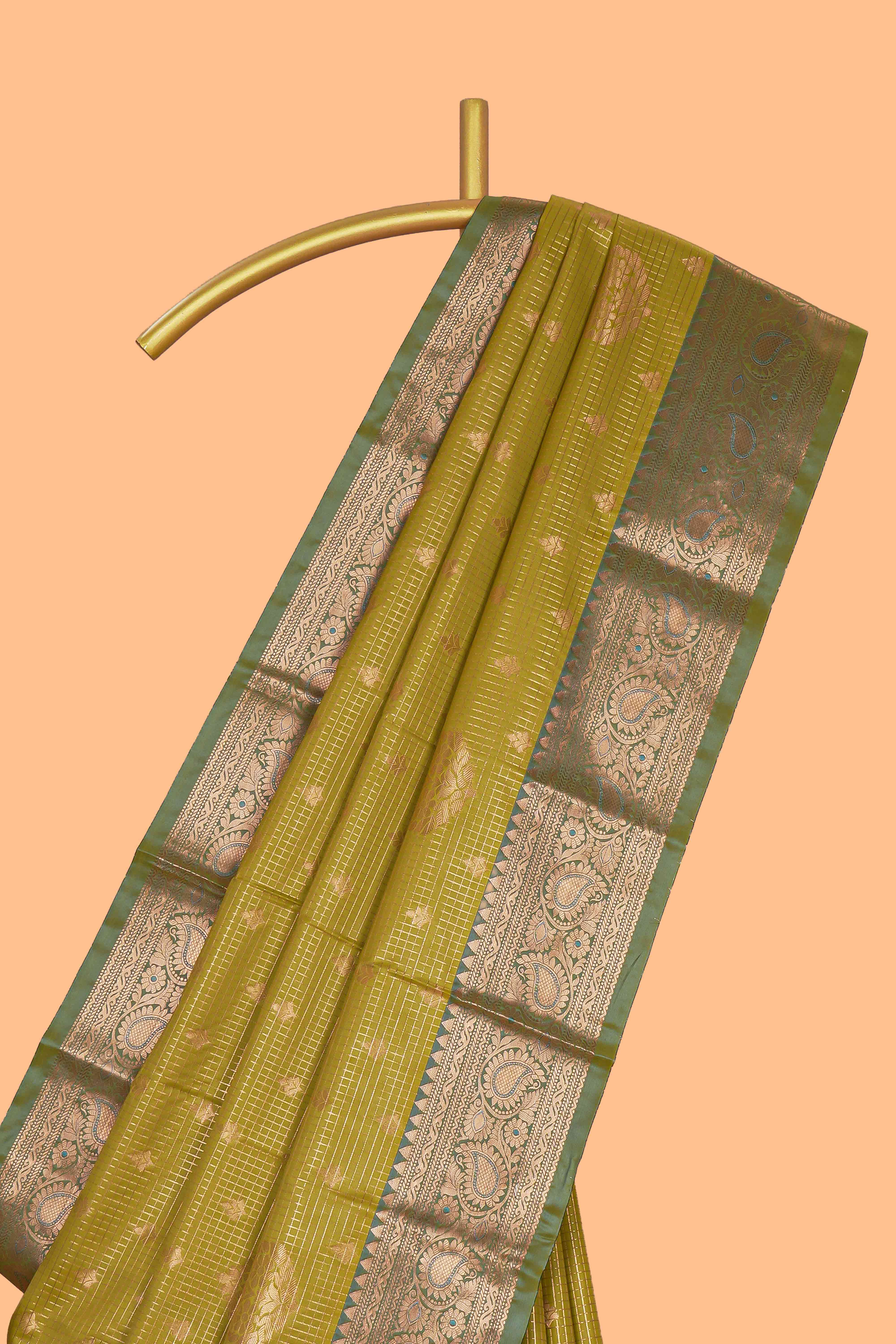 Green checked zari motifs design semi soft silk saree with contrast zari border and blouse