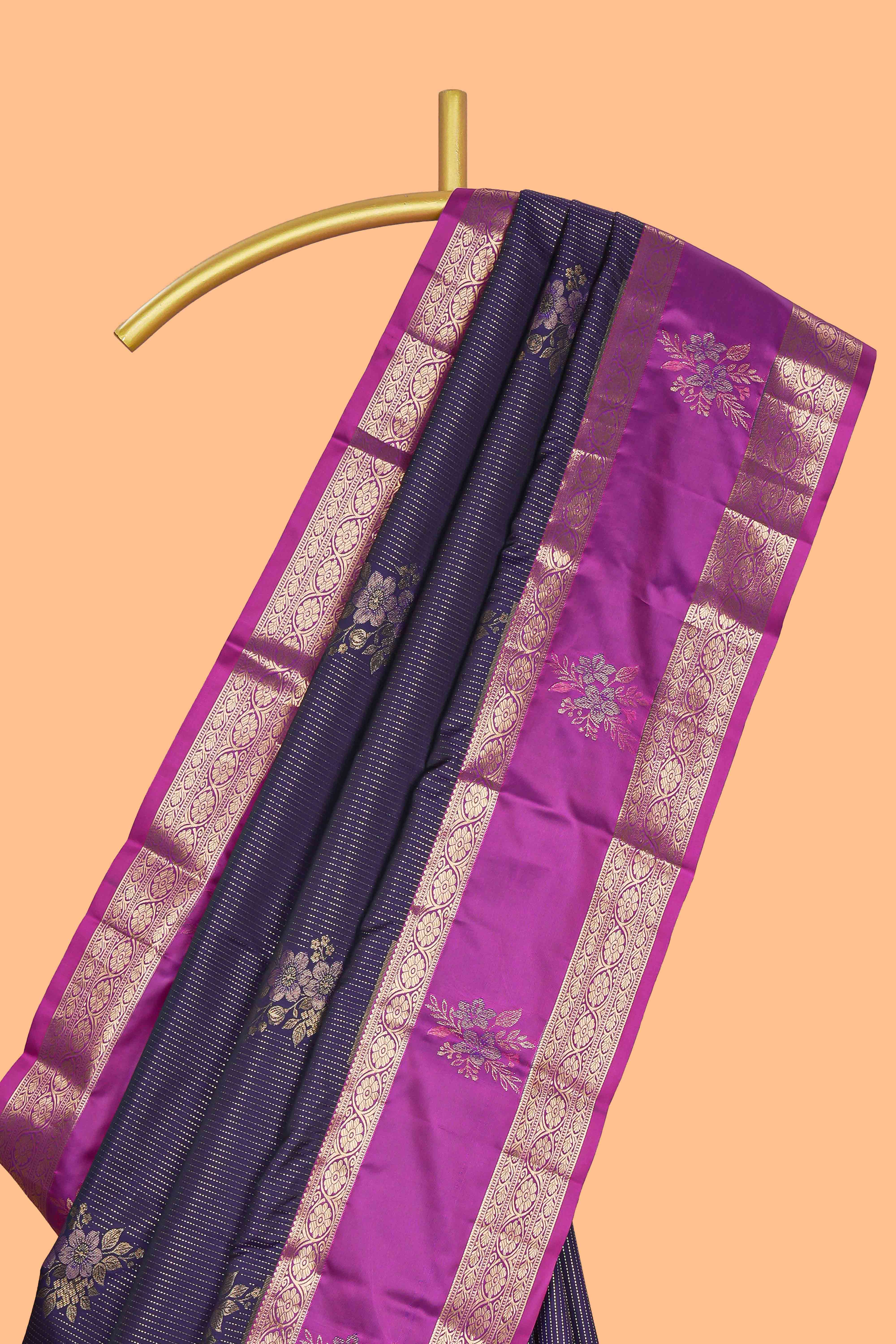 Dark violet floral zari motifs design semi soft silk saree with contrast zari border and blouse