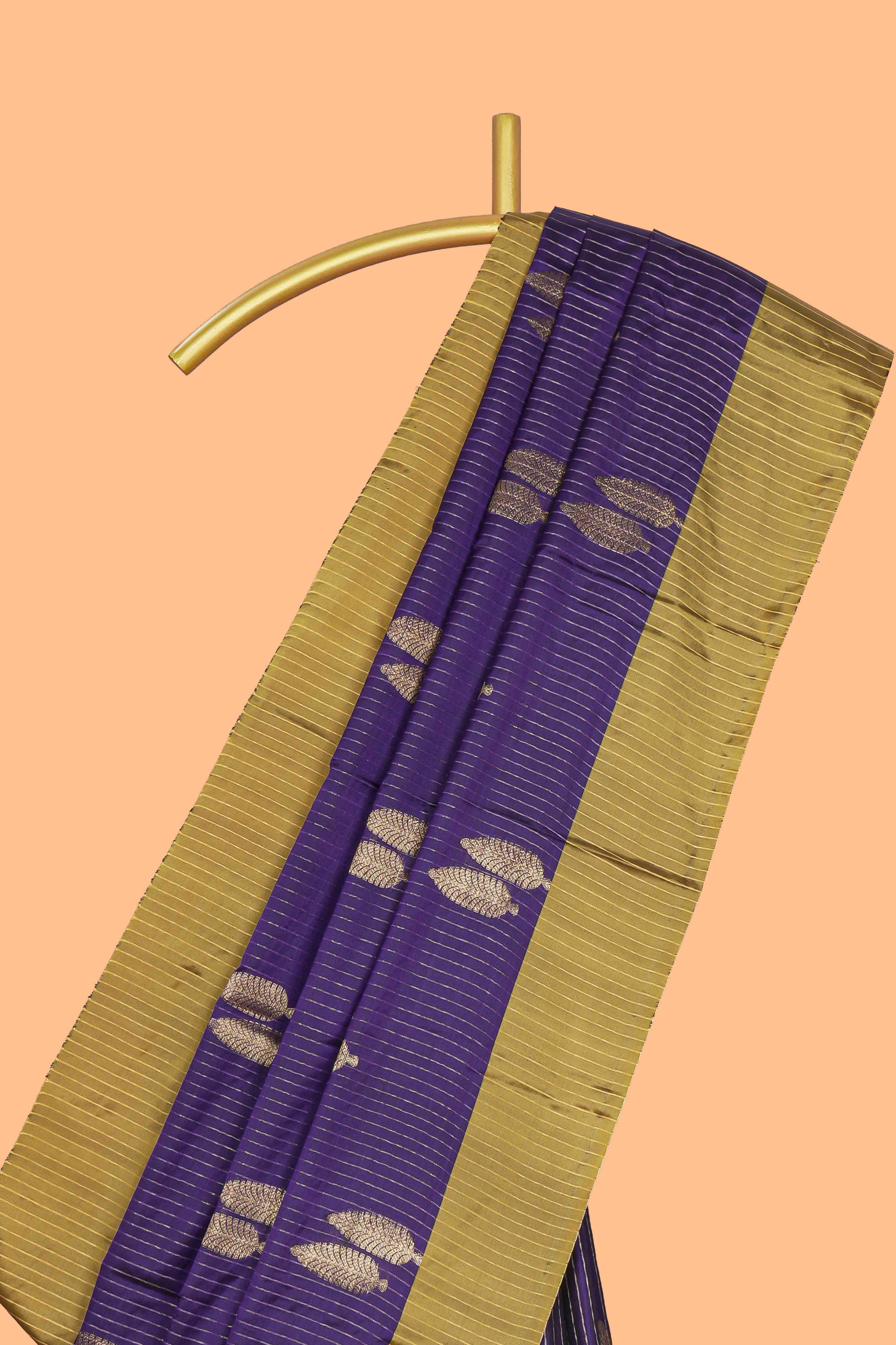 Violet striped leaf zari motifs design semi soft silk saree with contrast zari border and blouse