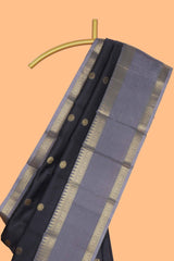 Black floral zari motifs design semi soft silk saree with contrast border and zari blouse