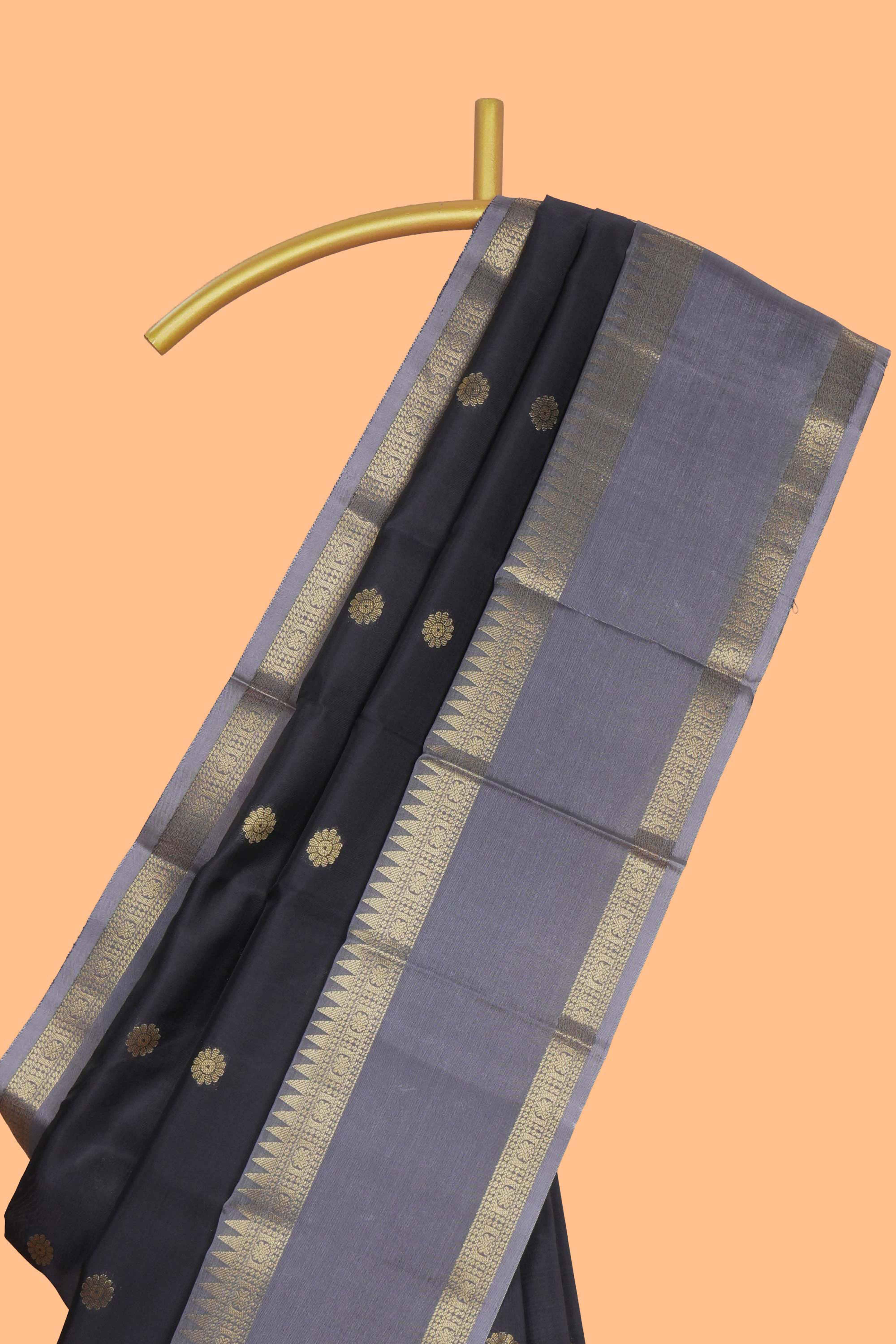 Black floral zari motifs design semi soft silk saree with contrast border and zari blouse