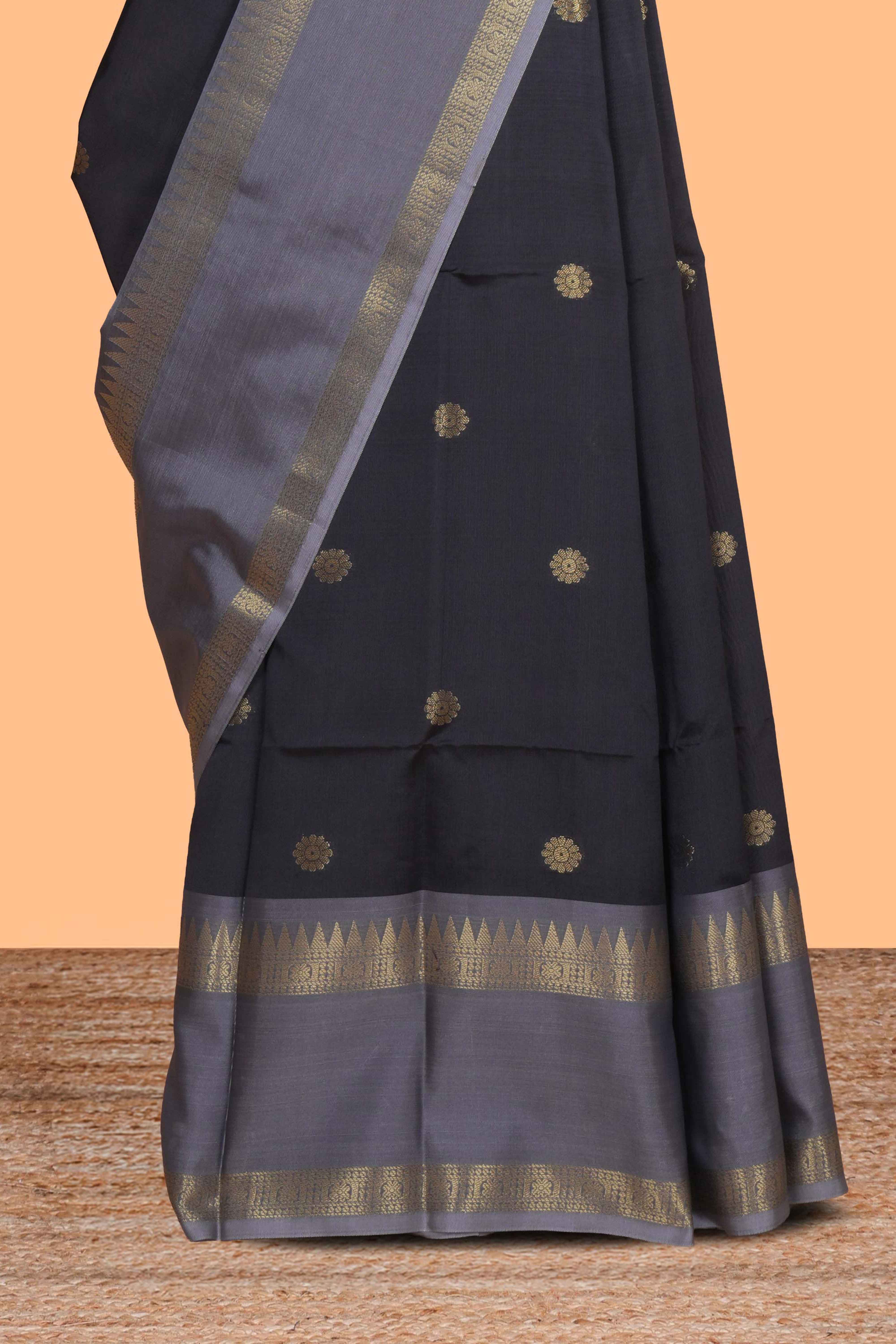 Black floral zari motifs design semi soft silk saree with contrast border and zari blouse