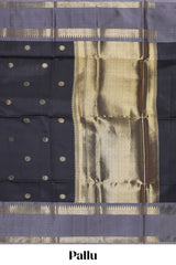 Black floral zari motifs design semi soft silk saree with contrast border and zari blouse