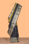 Black & mustard dual shade zari motifs design semi soft silk saree with self border and matching motifs blouse