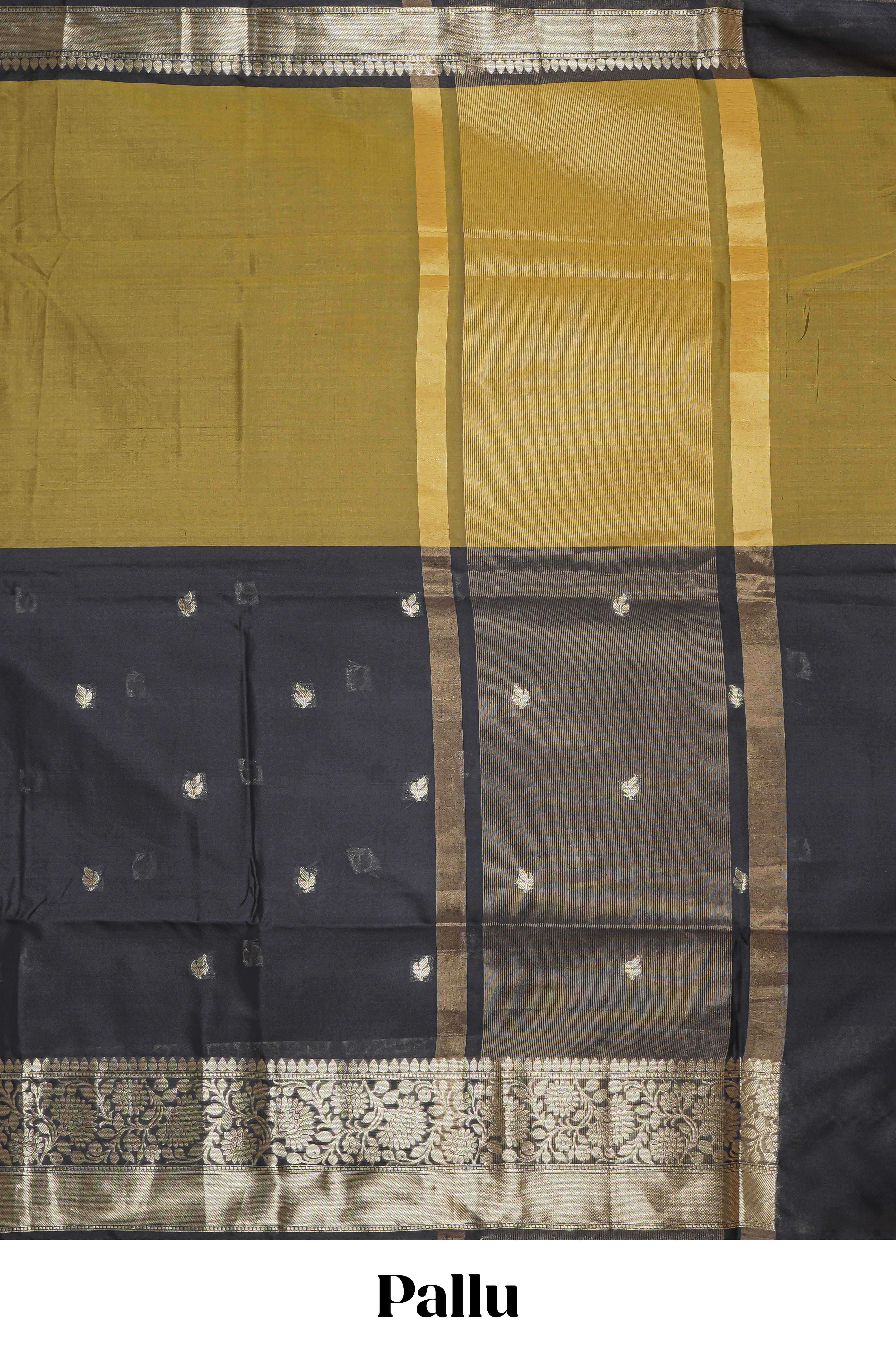 Black & mustard dual shade zari motifs design semi soft silk saree with self border and matching motifs blouse