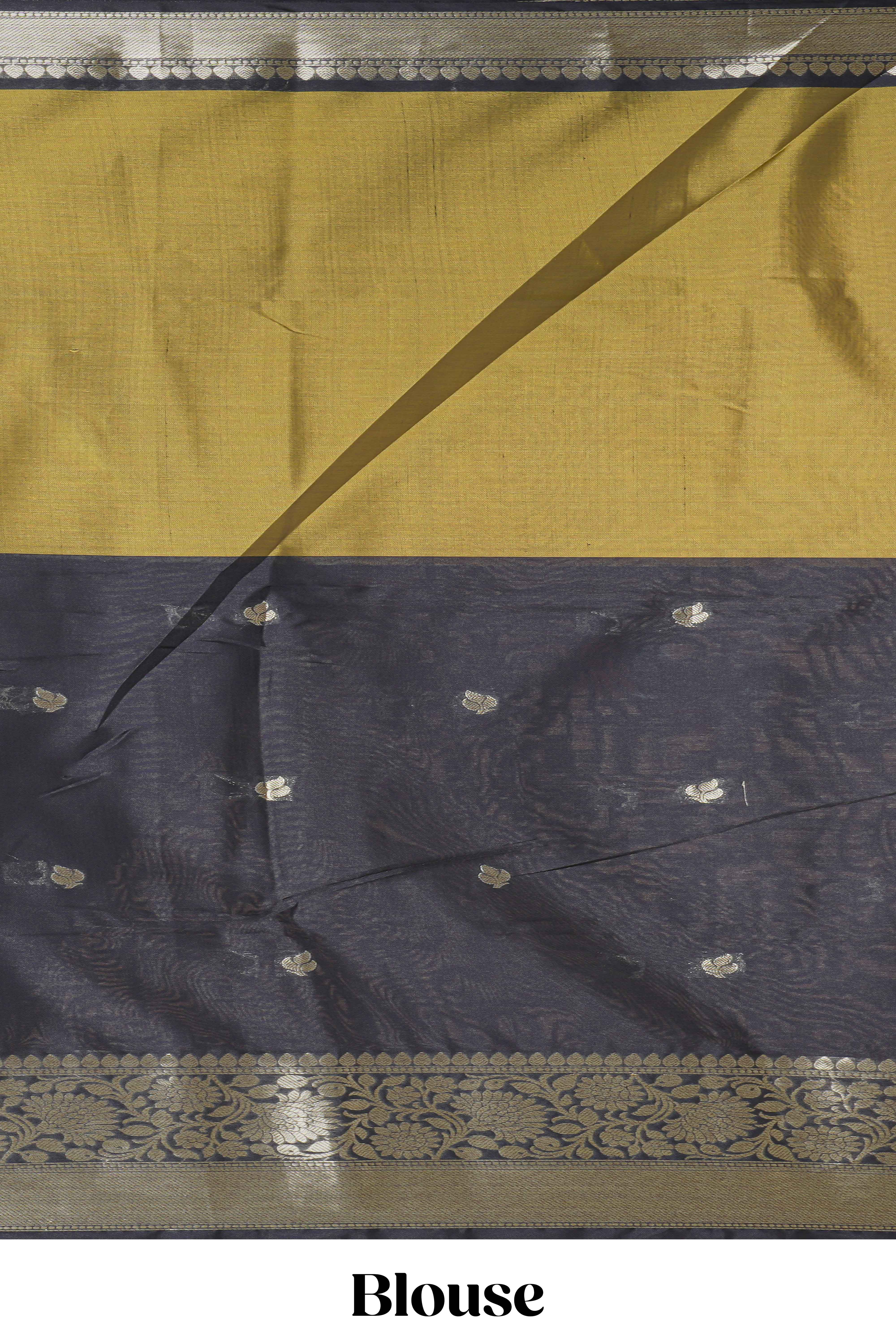 Black & mustard dual shade zari motifs design semi soft silk saree with self border and matching motifs blouse