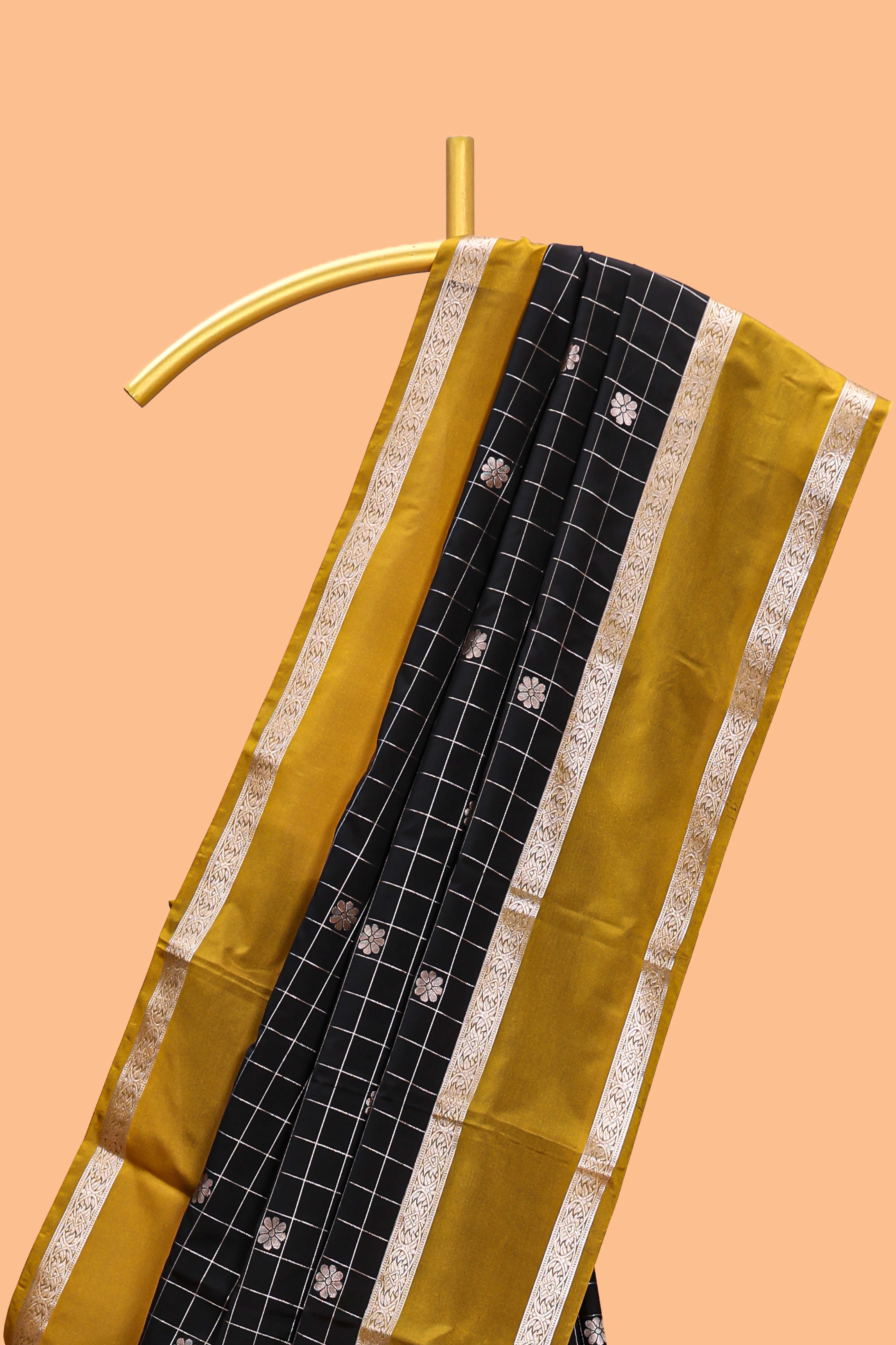 Black checked floral zari motifs design semi soft silk saree with contrast border and blouse