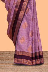 Lavender checked zari motifs design semi soft silk saree with contrast border and zari blouse