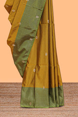 Mustard striped floral zari motifs design semi soft silk saree with contrast zari border and blouse