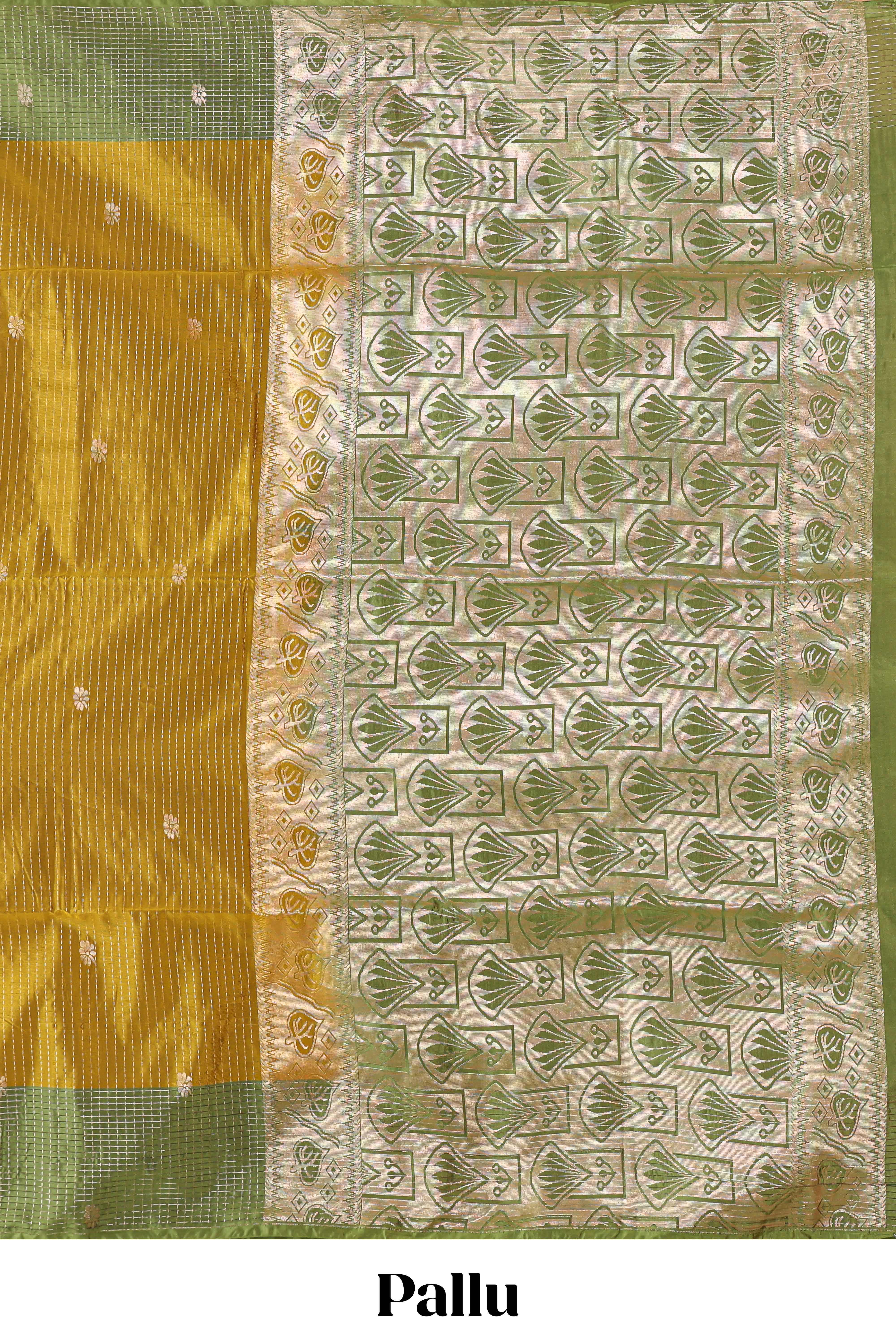 Mustard striped floral zari motifs design semi soft silk saree with contrast zari border and blouse