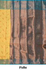 Mustard checked leaf zari motifs design semi soft silk saree with contrast zari border and blouse
