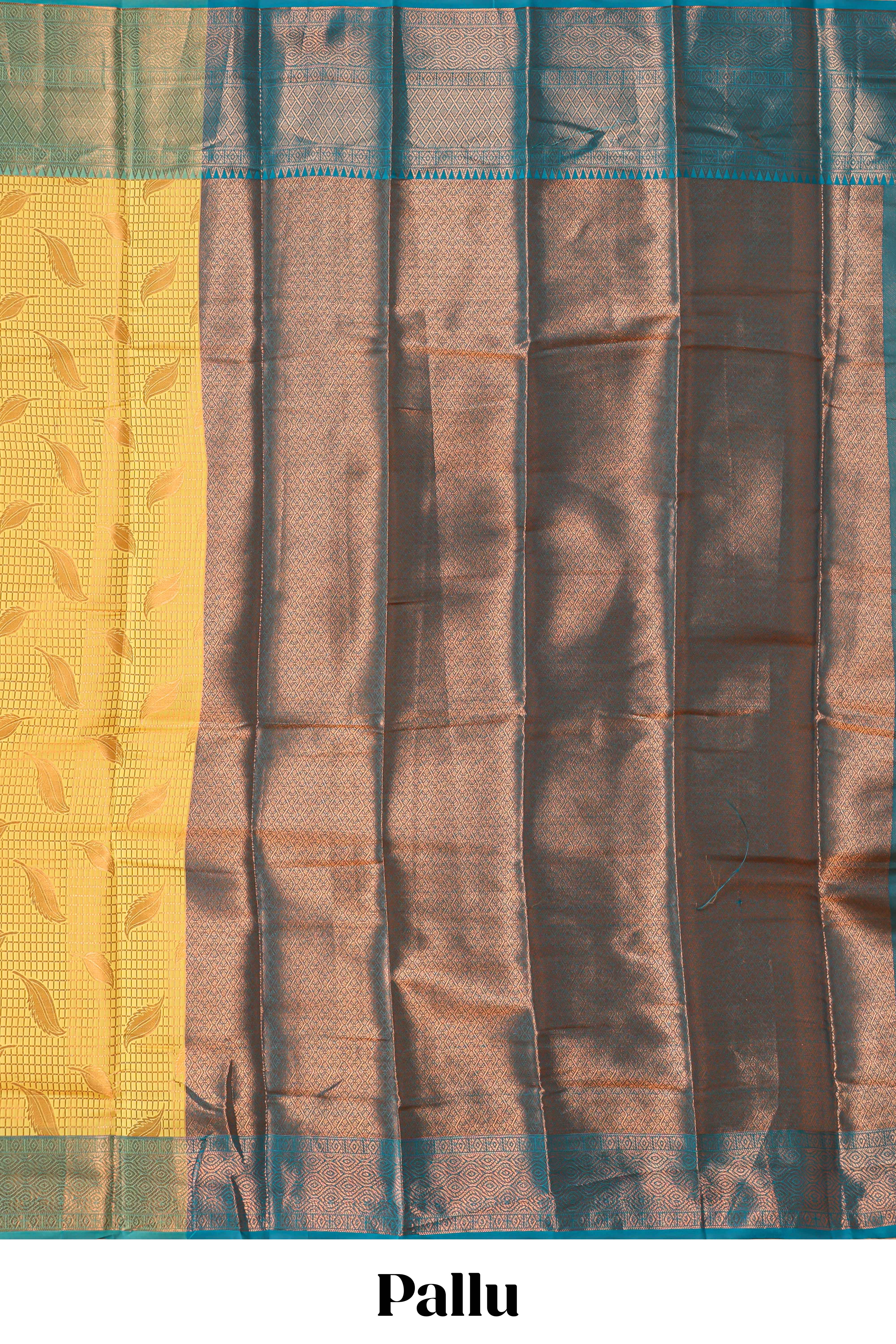Mustard checked leaf zari motifs design semi soft silk saree with contrast zari border and blouse