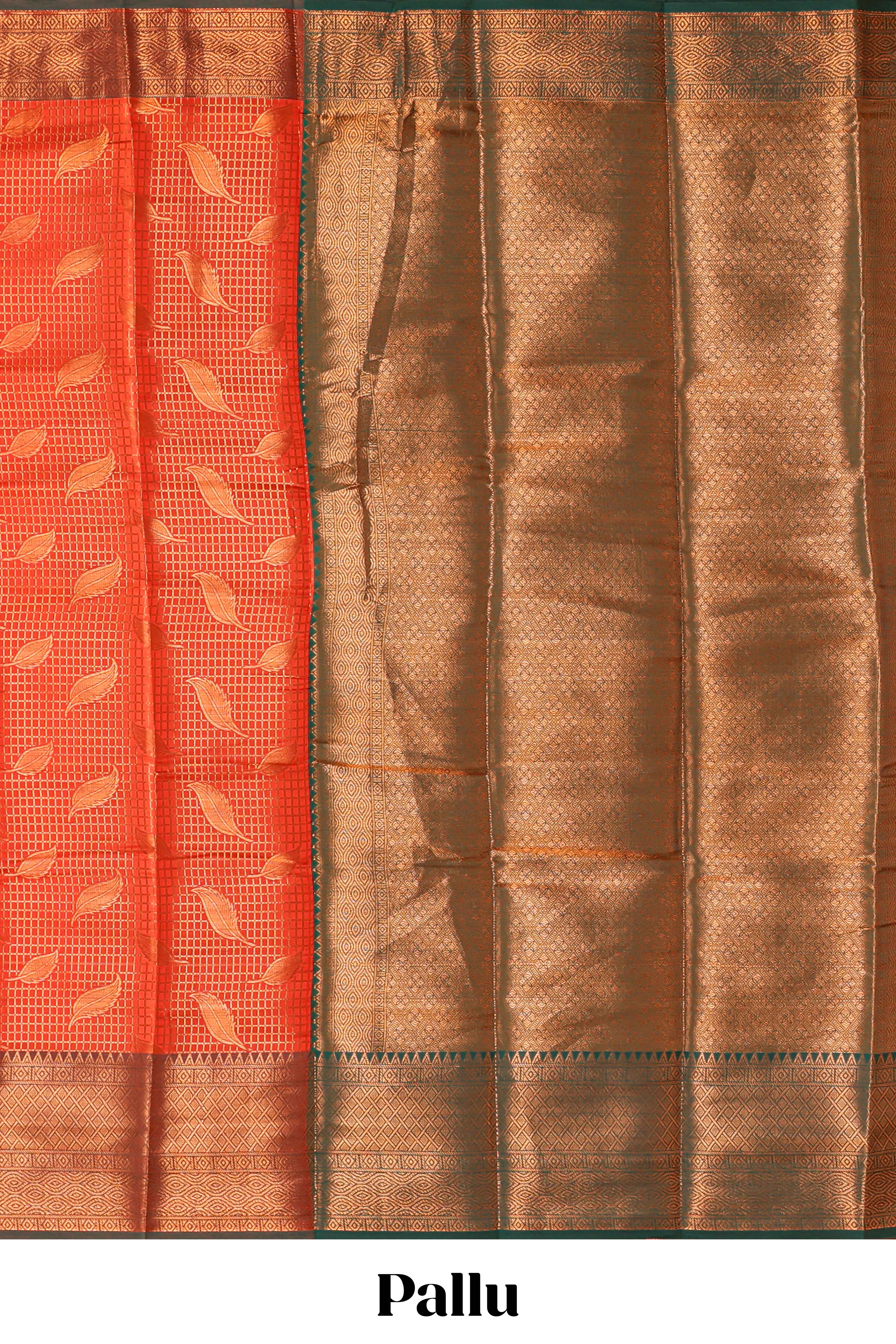 Orange checked leaf zari motifs design semi soft silk saree with contrast zari border and blouse