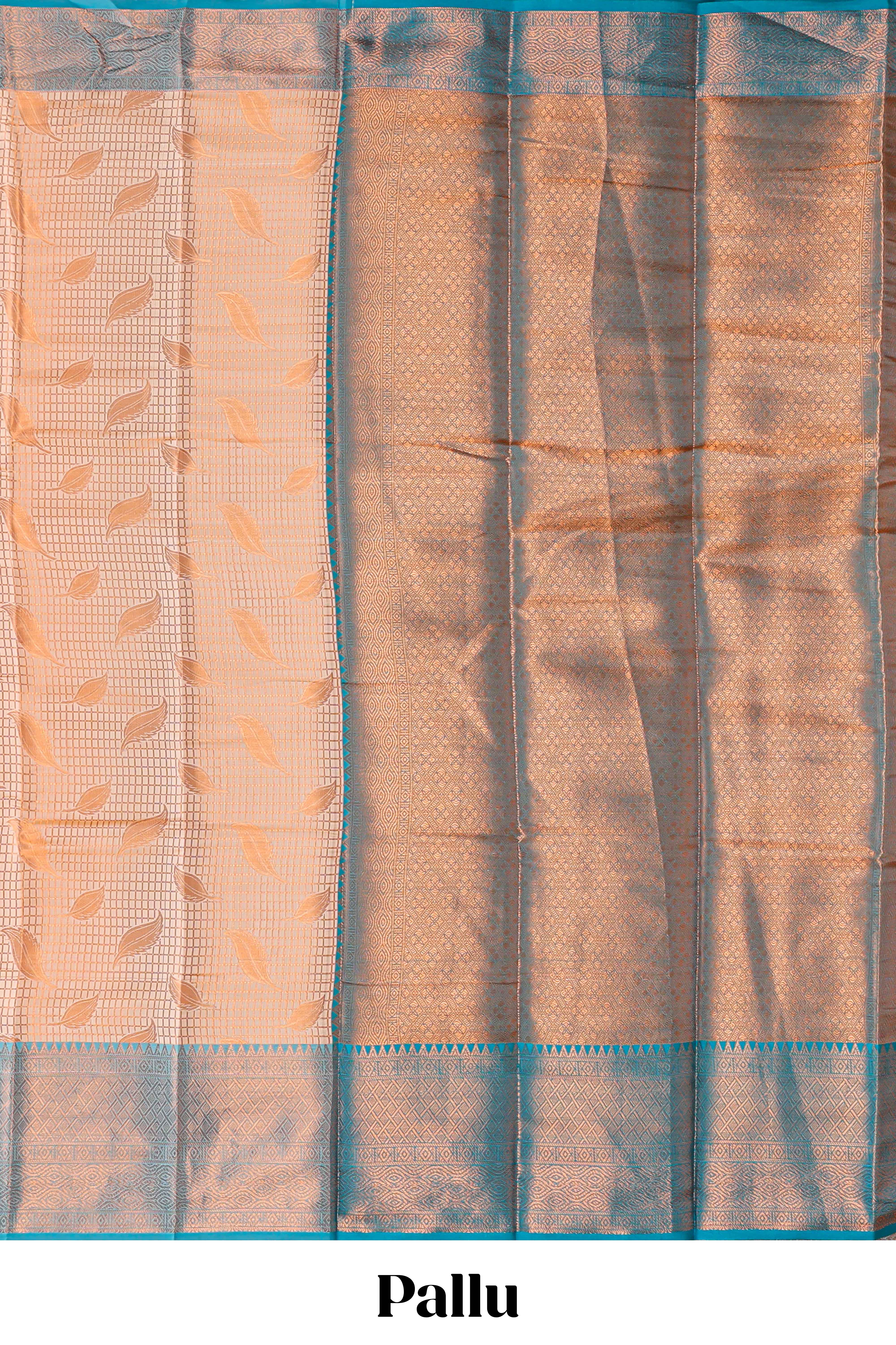 Peach checked leaf zari motifs design semi soft silk saree with contrast zari border and blouse