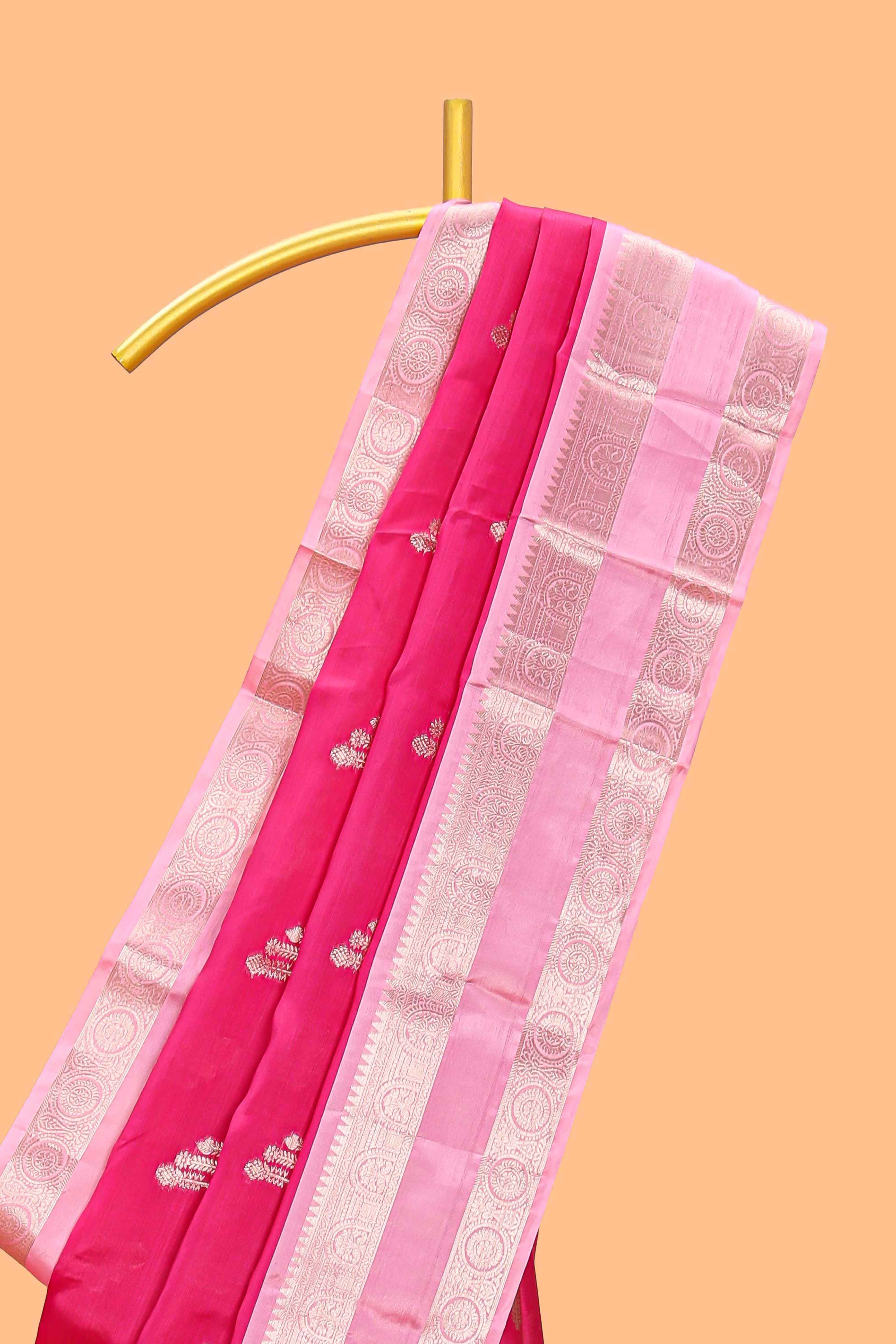 Pink floral zari motifs design semi soft silk saree with contrast zari border and blouse
