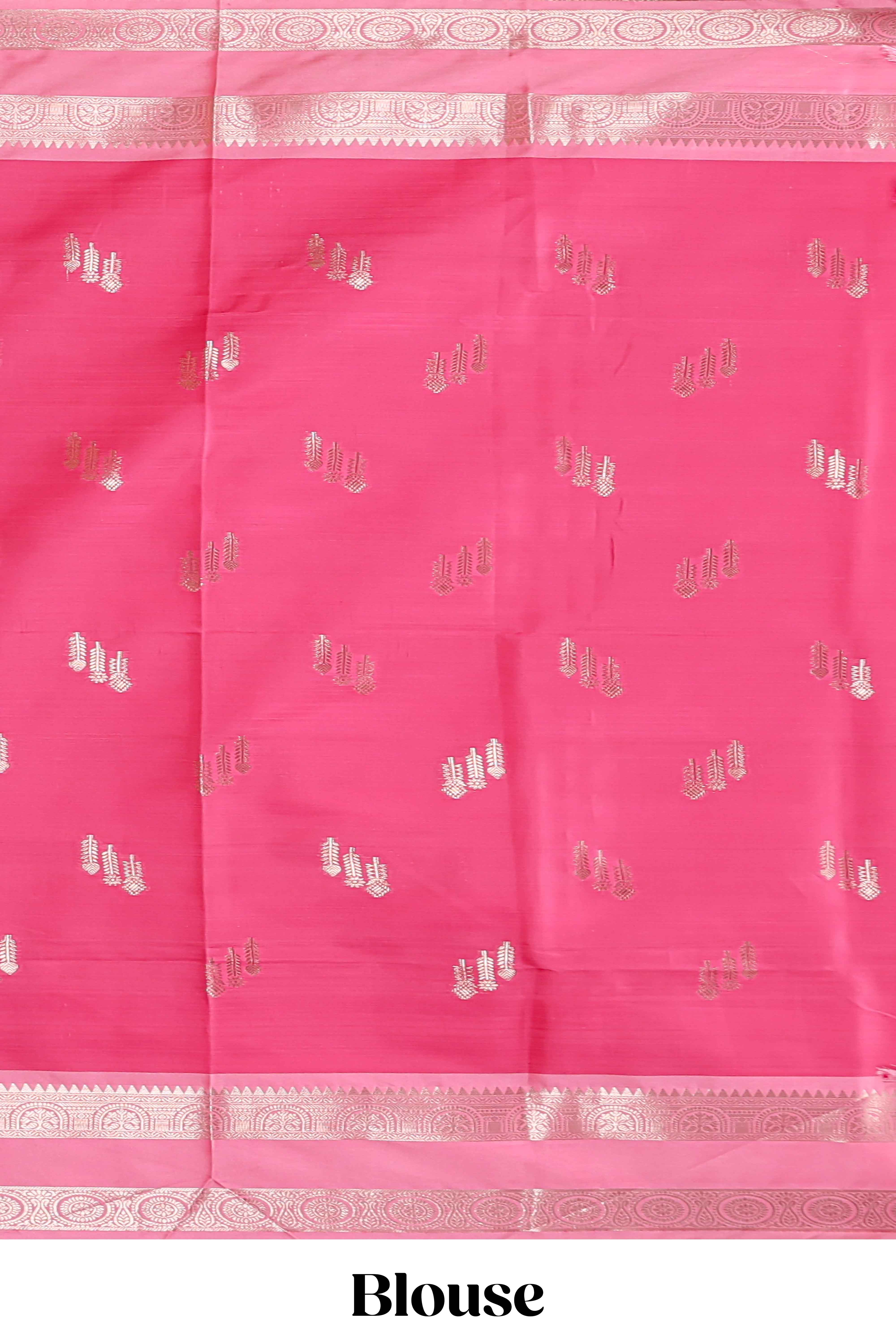 Pink floral zari motifs design semi soft silk saree with contrast zari border and blouse