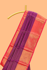Violet shade zari motifs design semi soft silk saree with contrast border and matching motifs contrast blouse