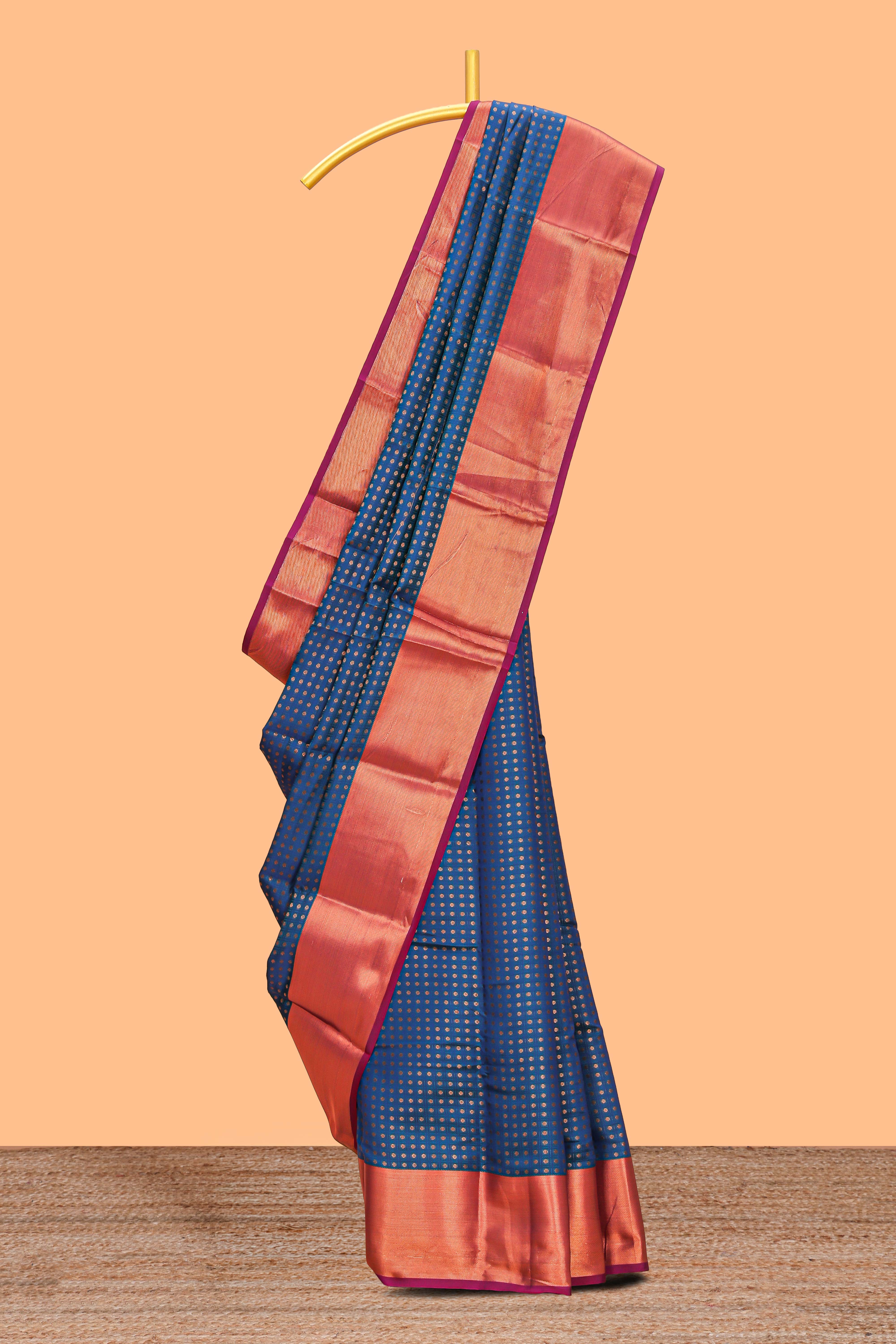 Royal blue shade zari motifs design semi soft silk saree with contrast border and matching motifs contrast blouse