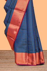 Royal blue shade zari motifs design semi soft silk saree with contrast border and matching motifs contrast blouse