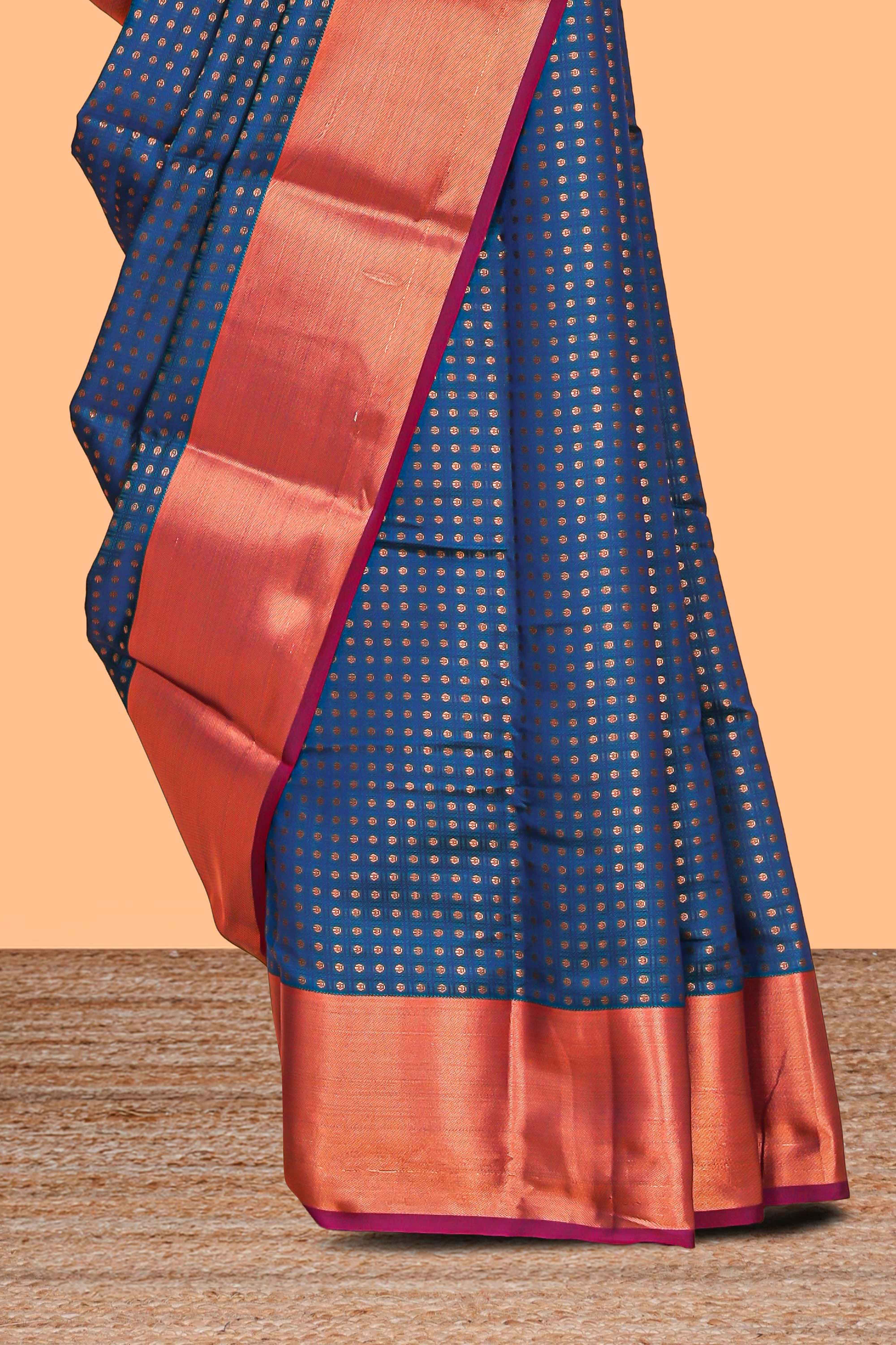 Royal blue shade zari motifs design semi soft silk saree with contrast border and matching motifs contrast blouse