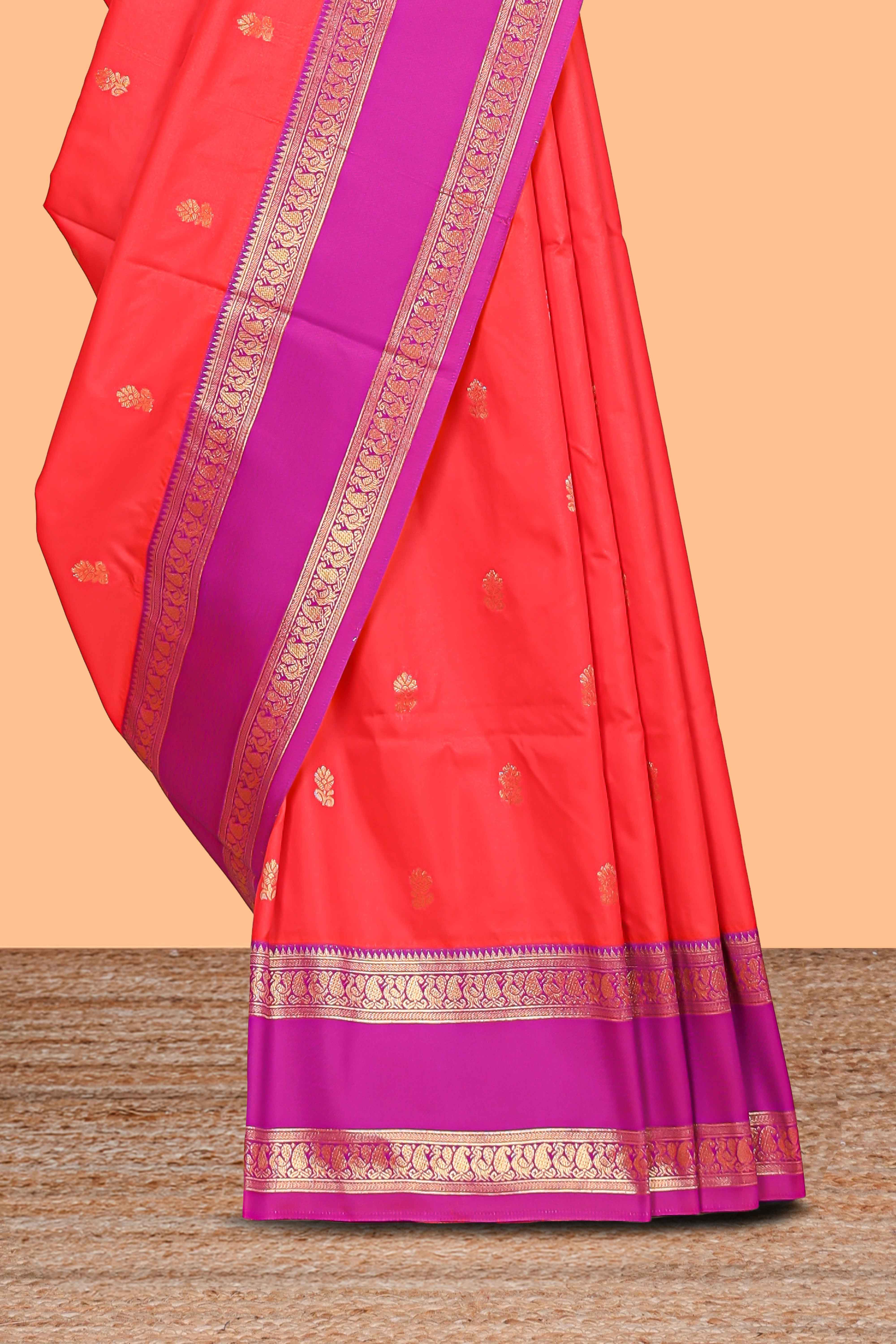 Coral pink Semi Soft Silk Saree delicate butta motifs with contrasting pallu elegant zari border along with contrast buttas blouse