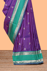 Violet Semi Soft Silk Saree delicate butta motifs with contrasting pallu elegant zari border along with contrast buttas blouse