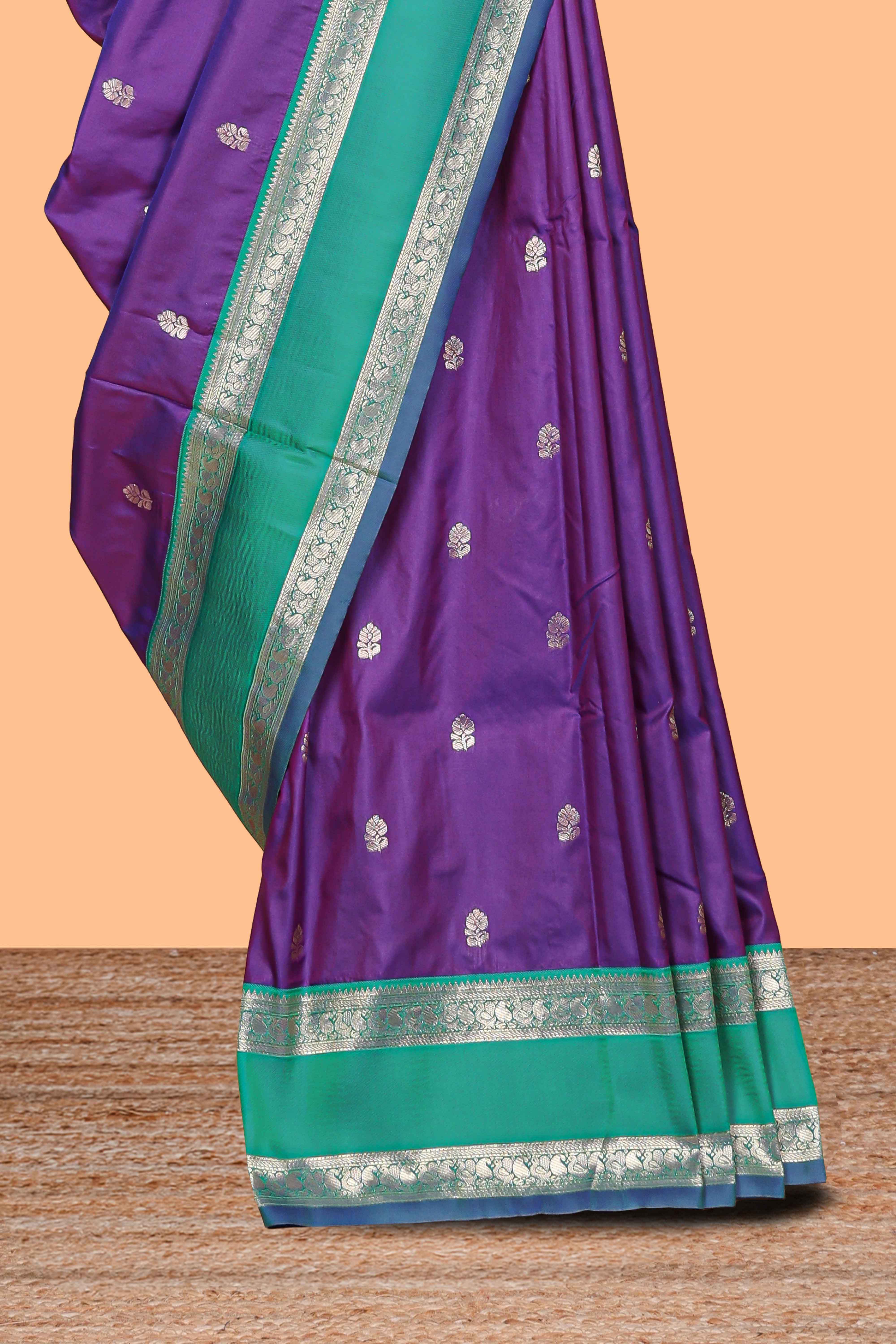 Violet Semi Soft Silk Saree delicate butta motifs with contrasting pallu elegant zari border along with contrast buttas blouse