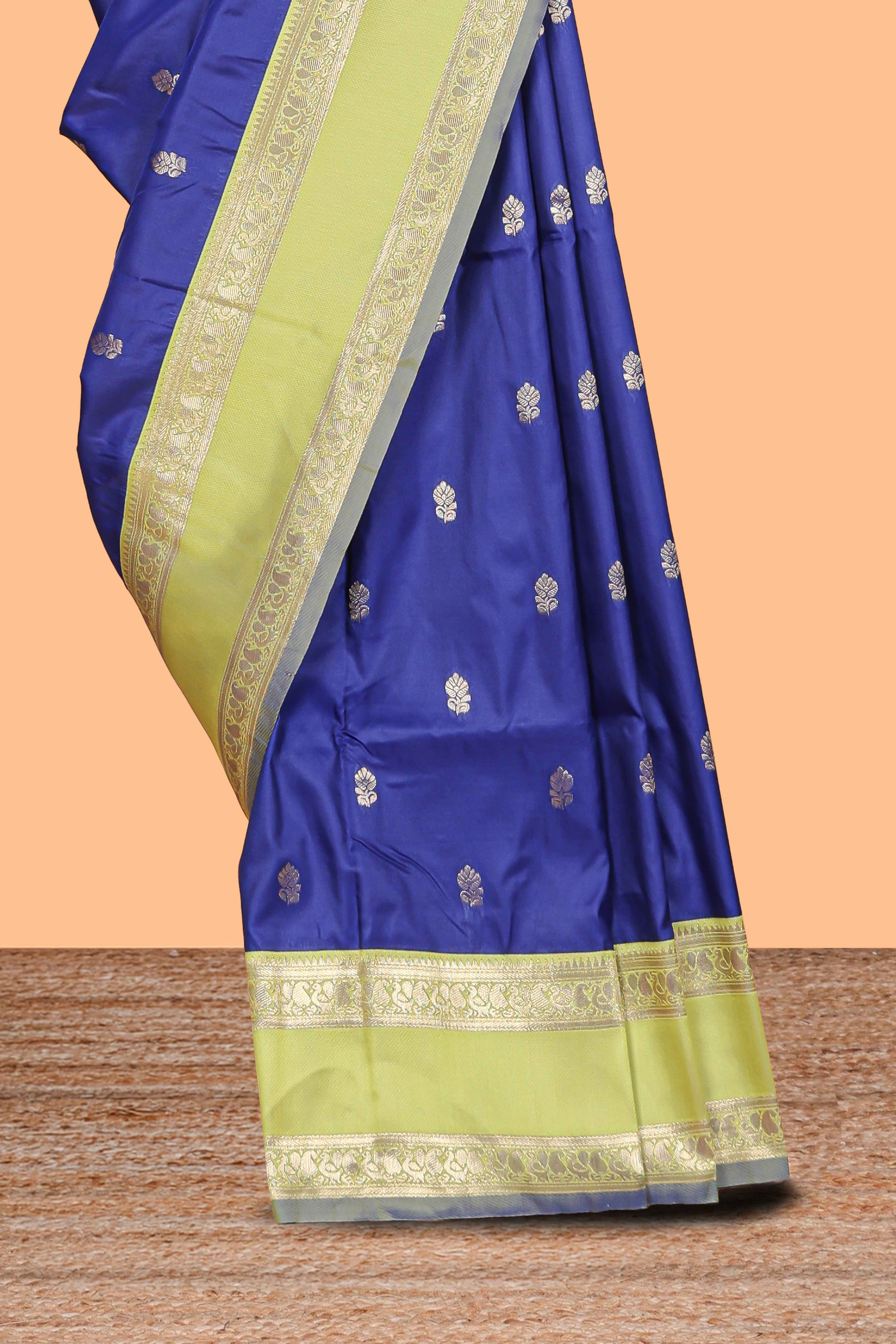 Royal blue Semi Soft Silk Saree delicate butta motifs with contrasting pallu elegant zari border along with contrast buttas blouse