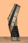 Black Semi Soft Silk Saree butta detailing rich gold zari borders traditional paisley motifs along with matching blouse
