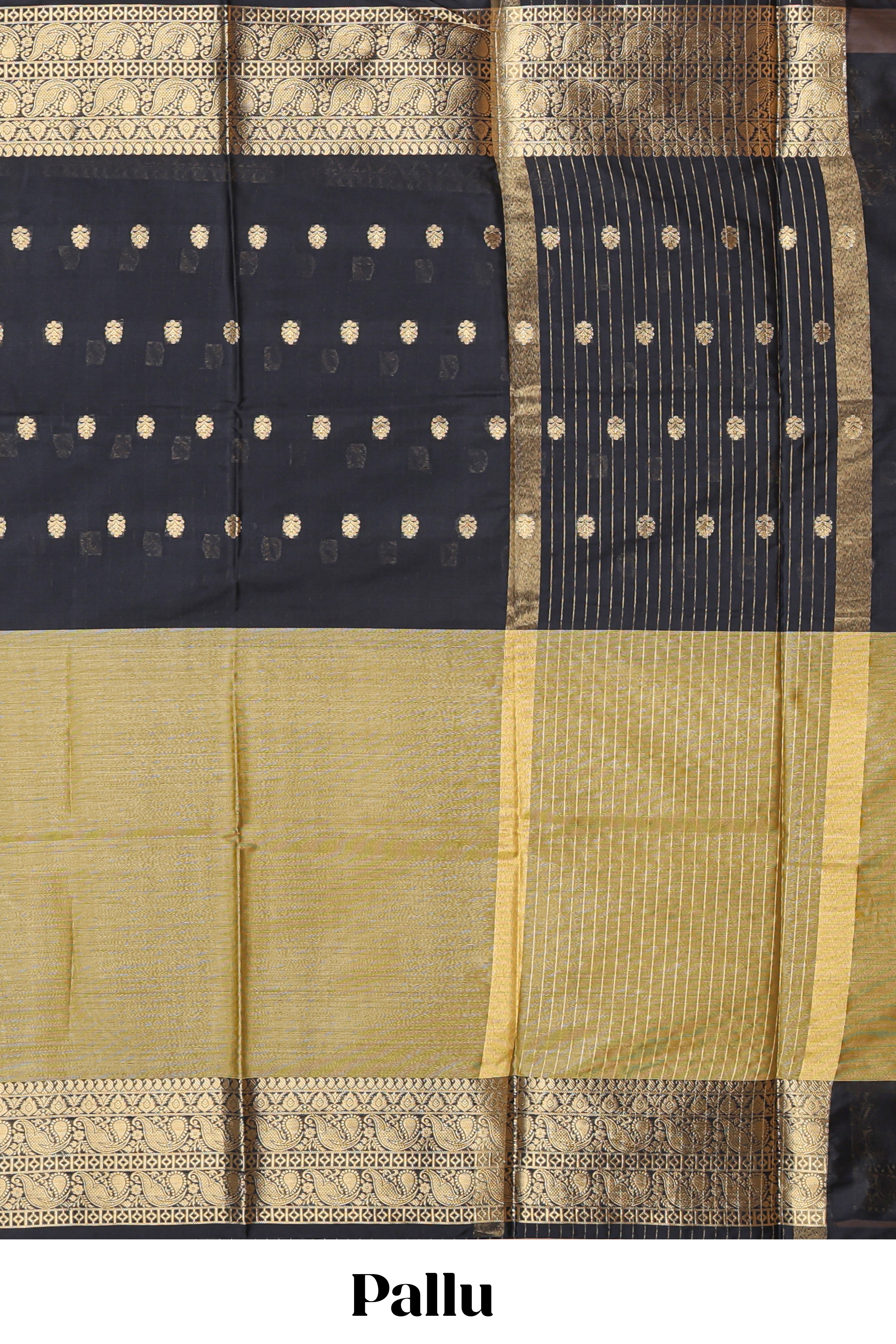 Black Semi Soft Silk Saree butta detailing rich gold zari borders traditional paisley motifs along with matching blouse