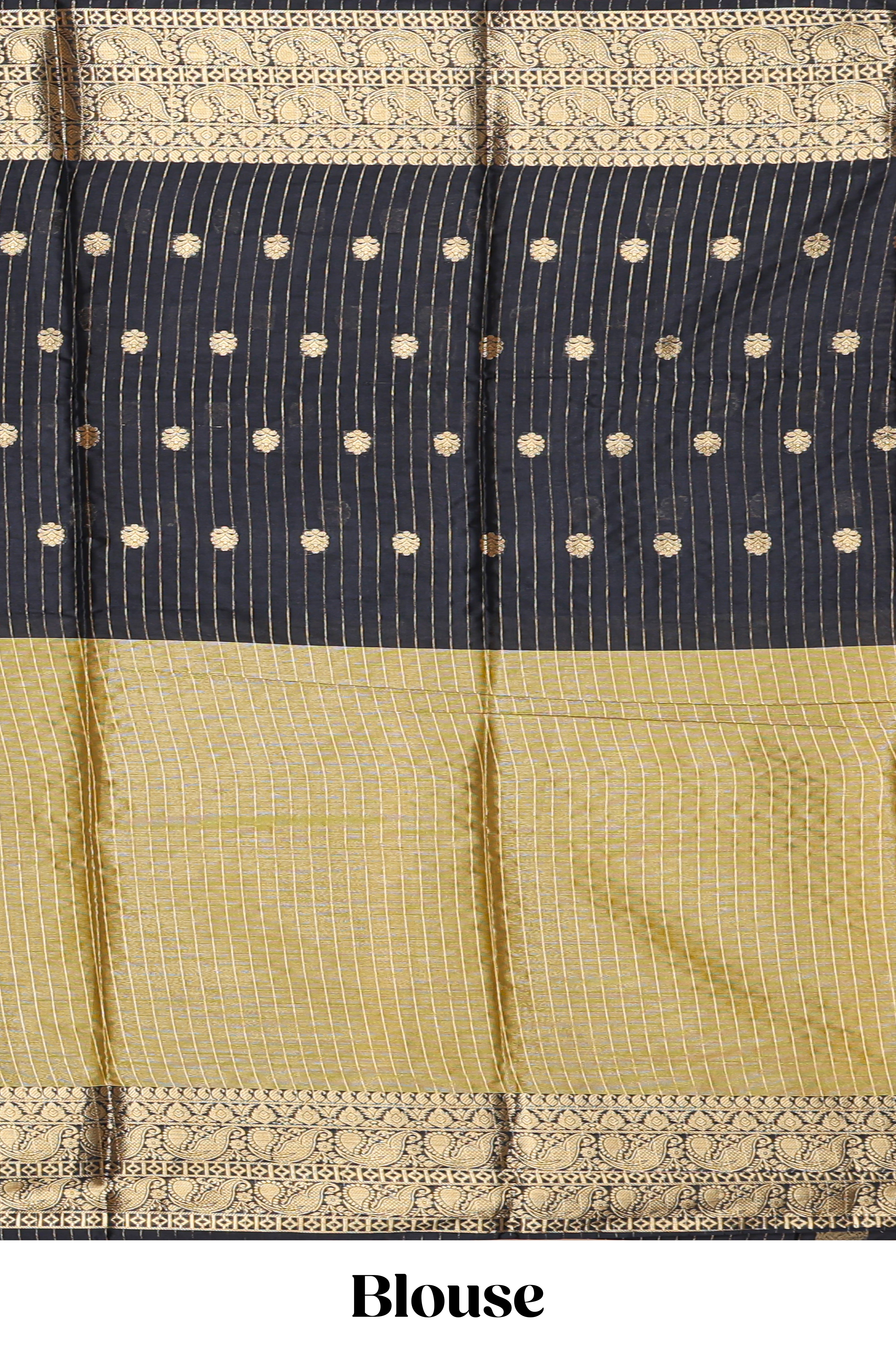 Black Semi Soft Silk Saree butta detailing rich gold zari borders traditional paisley motifs along with matching blouse