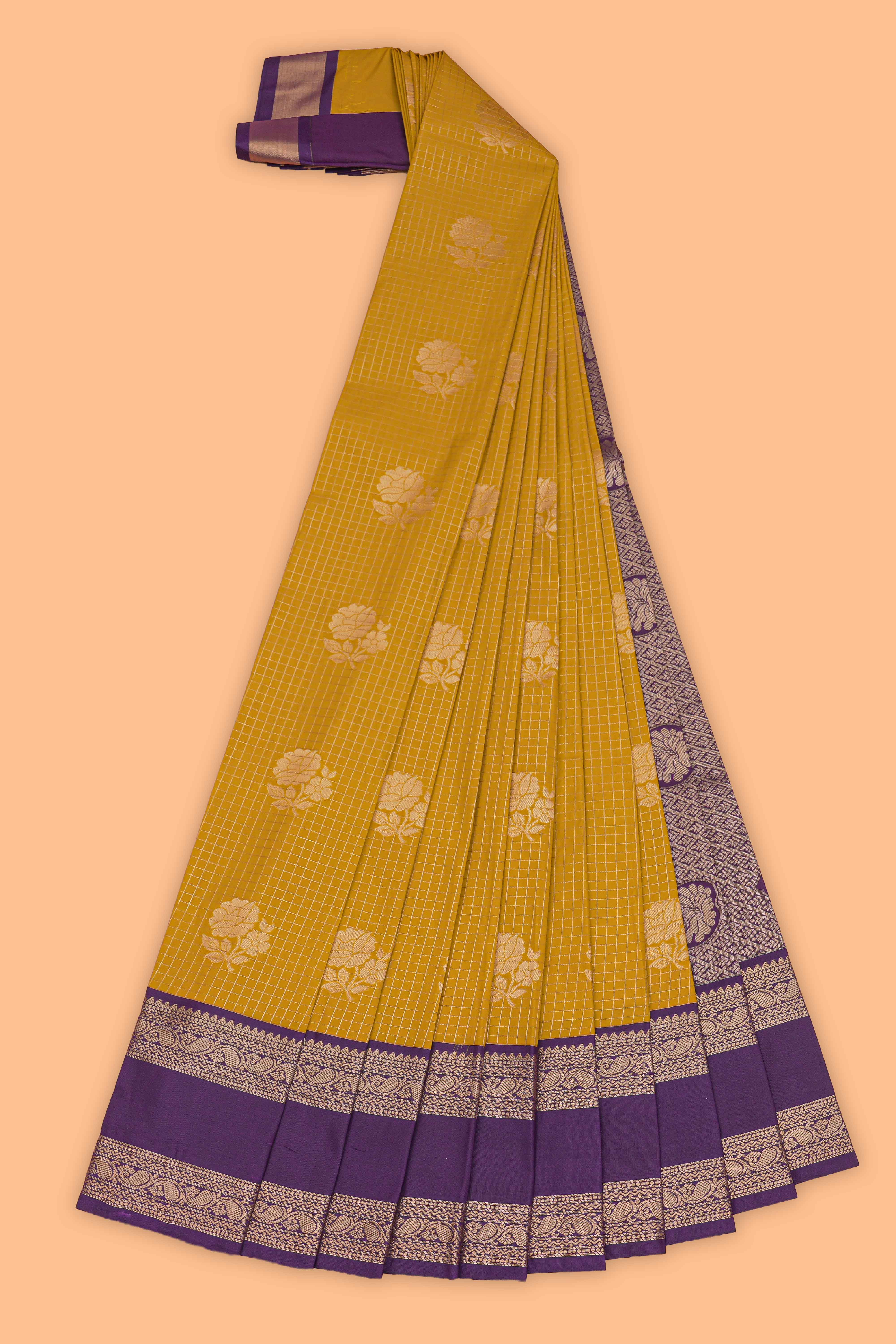 Mustard checked floral zari motifs design semi soft silk saree with contrast border and zari blouse