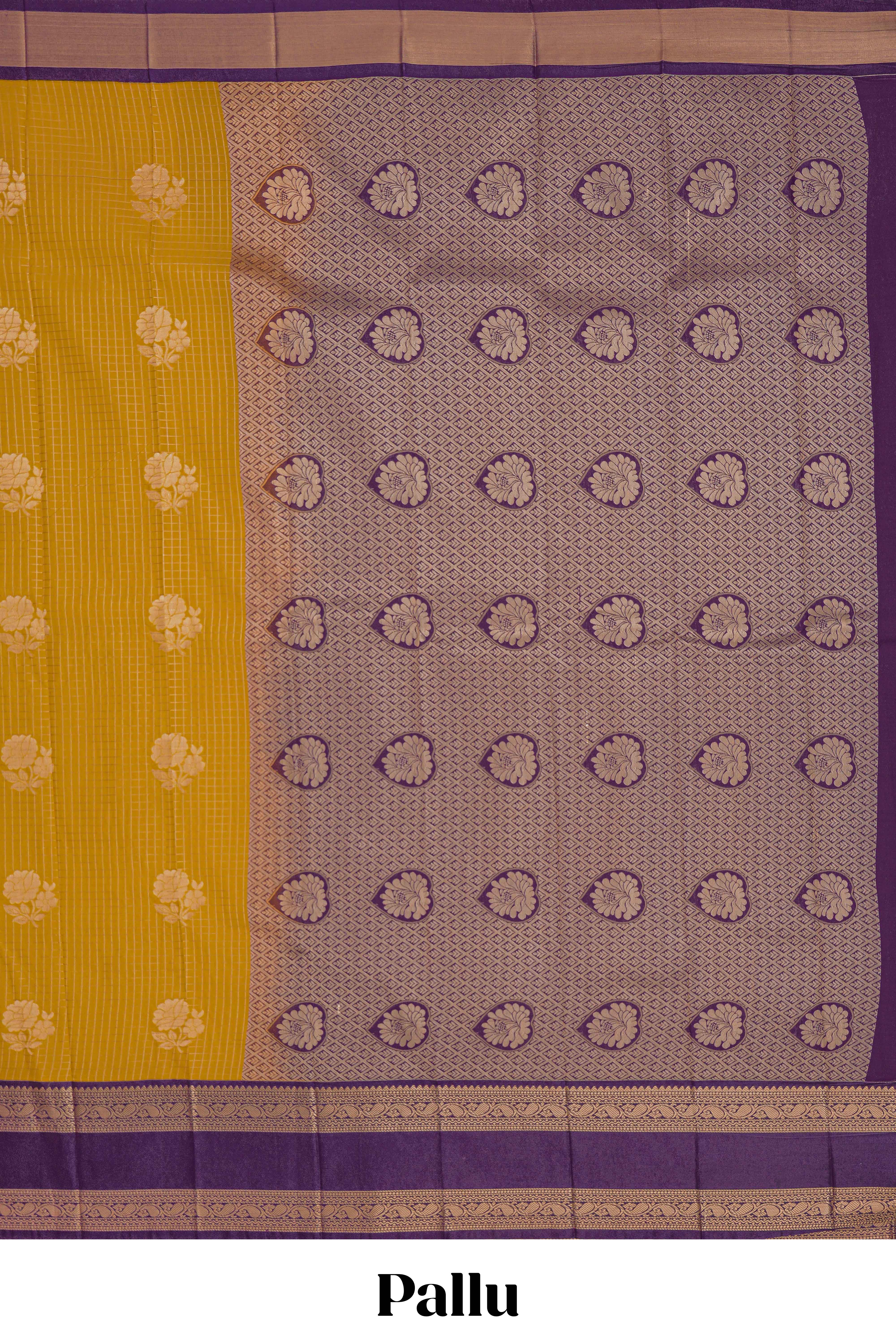Mustard checked floral zari motifs design semi soft silk saree with contrast border and zari blouse