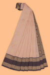 Peach checked floral zari motifs design semi soft silk saree with contrast border and zari blouse
