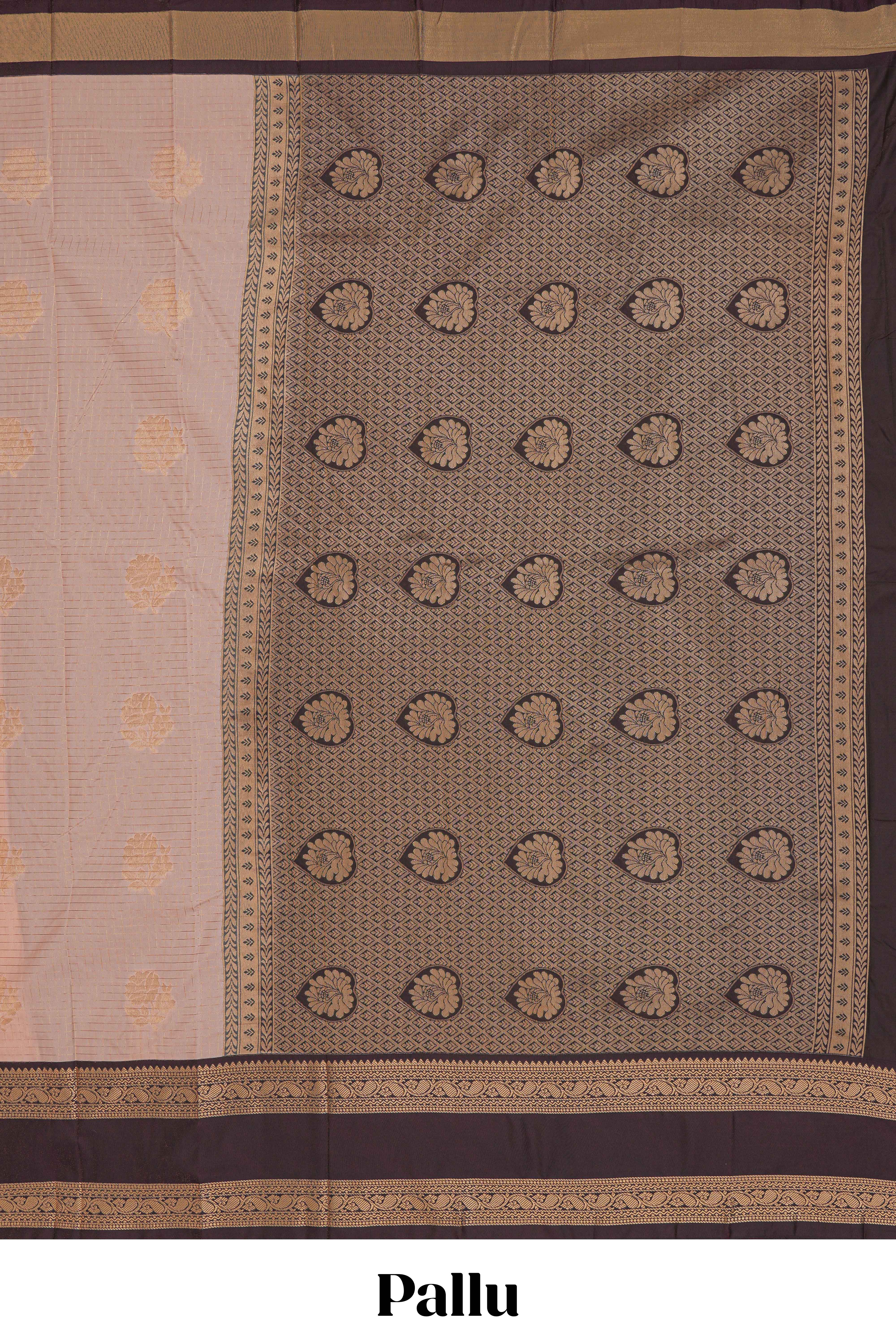 Peach checked floral zari motifs design semi soft silk saree with contrast border and zari blouse