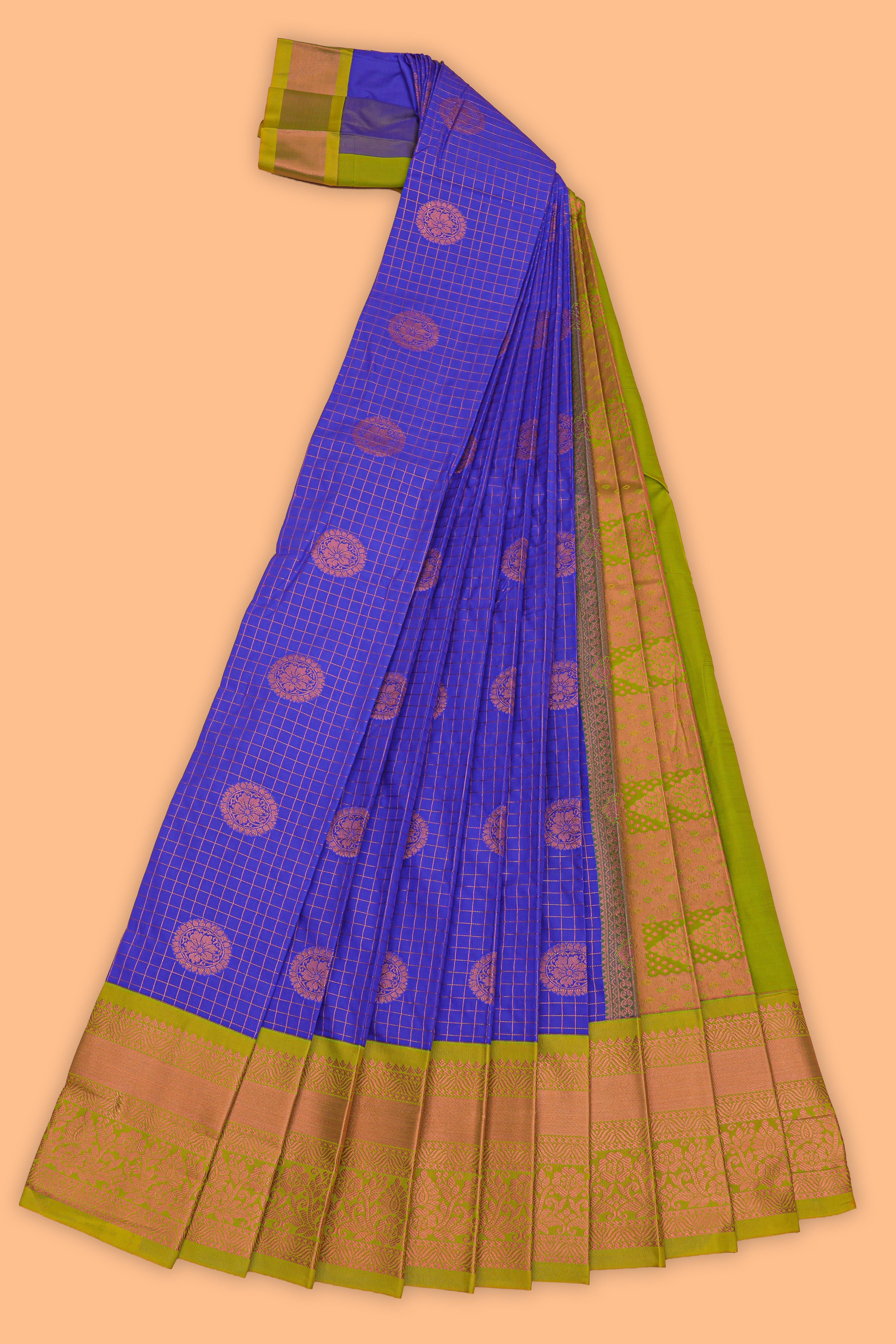 Blue checked floral zari motifs design semi soft silk saree with contrast border and zari blouse